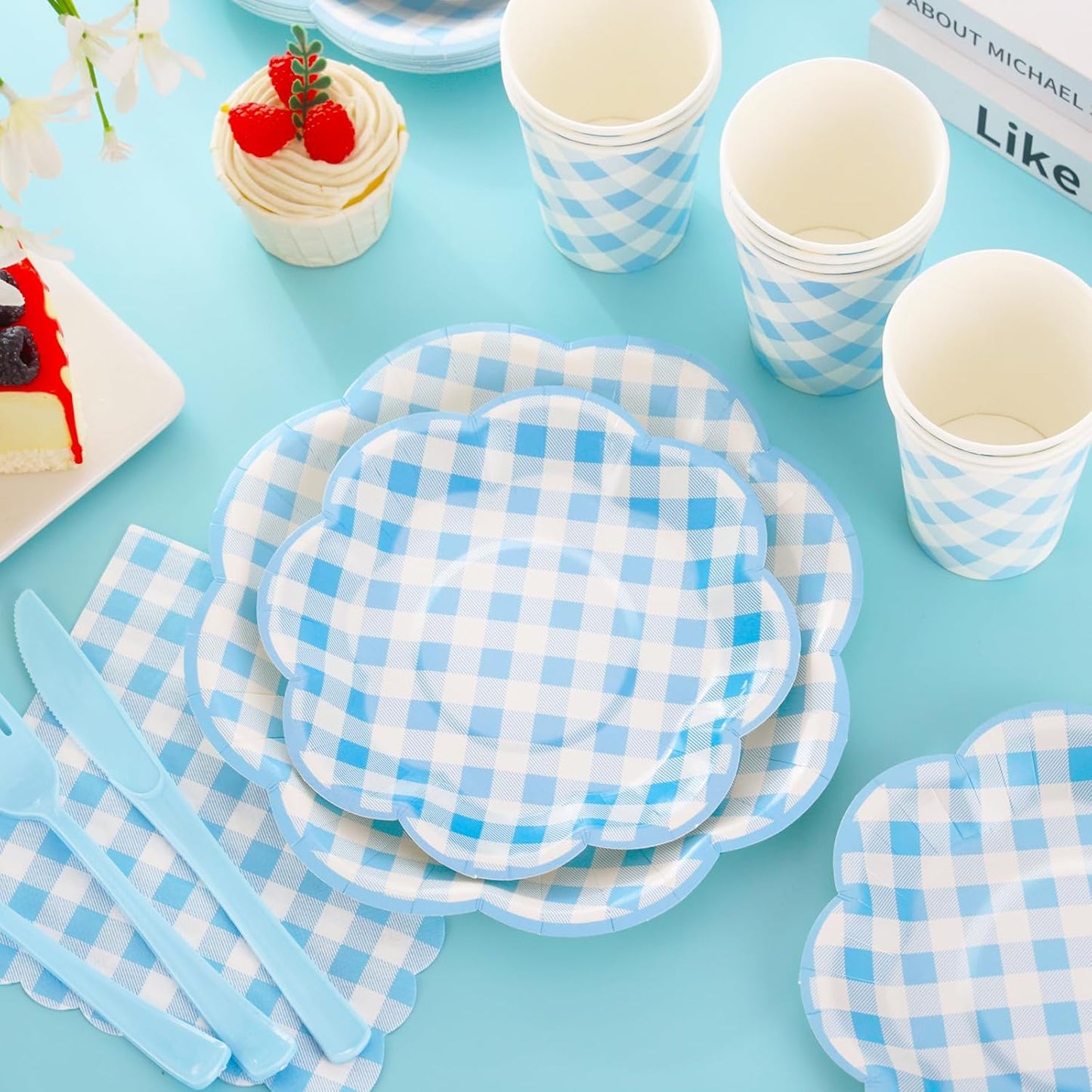 350 Pcs Blue Gingham Plates and Napkins Party Supplies - Blue and White Checkered Plates Sets Serve 50 Guests - Scalloped Gingham Paper Plate for Birthday Dinner Wedding Baby Shower Party Decorations