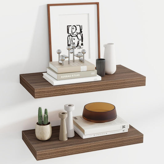 24 Inch Floating Shelves, 12 Inch Deep Floating Shelves for Wall, Floating Shelf with Invisible Brackets, Deep Shelves for Bathroom, Bedroom, Living Room, 2 Pack, Walnut