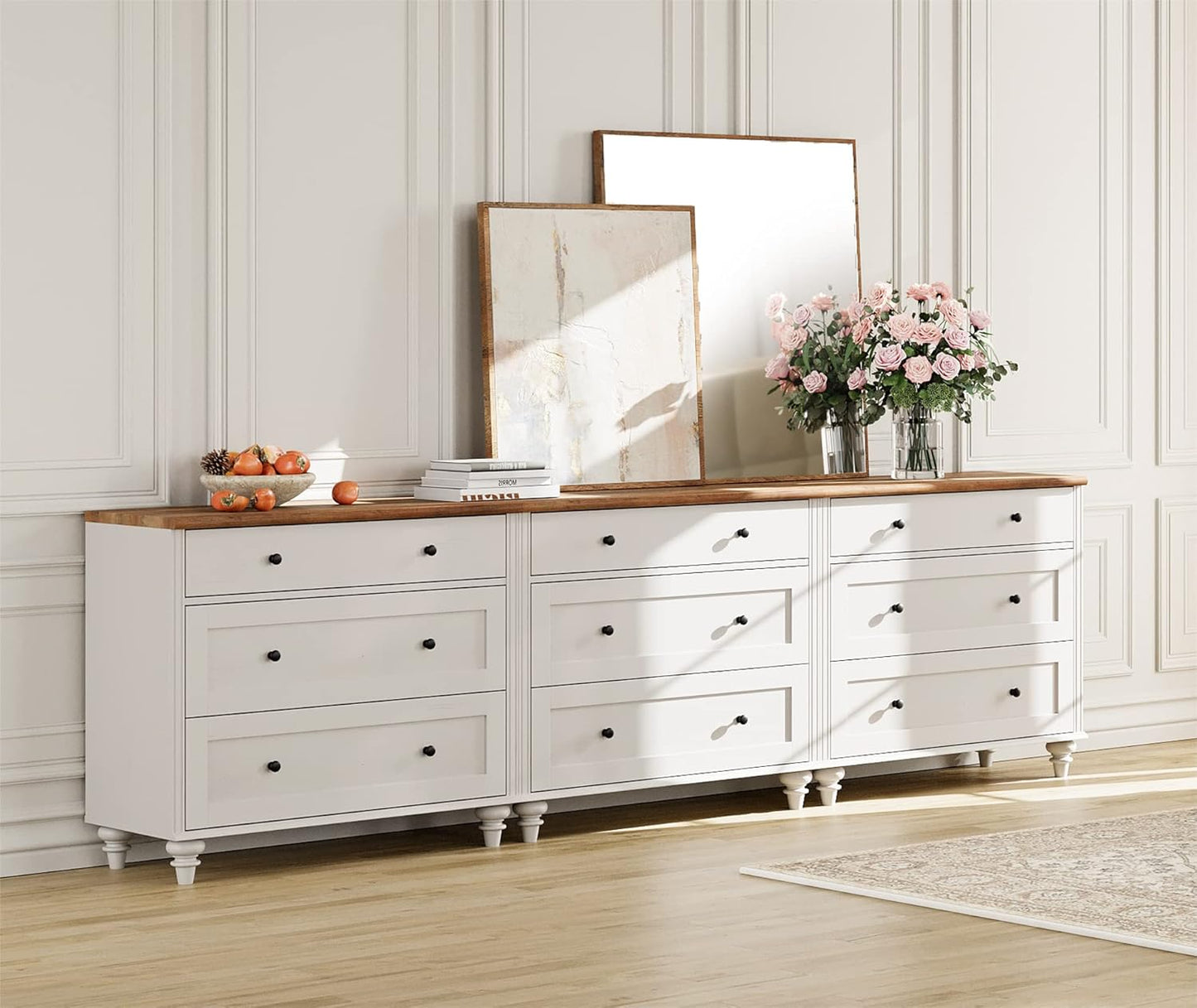 WAMPAT 9 Drawer Dressers for Bedroom, White Kids Dresser with 9 Wide Chest of Drawers, Mid Century Wooden Closet Storage Organizer, Large Wood Baby Dressers for Living Room, Nursery, Hallway