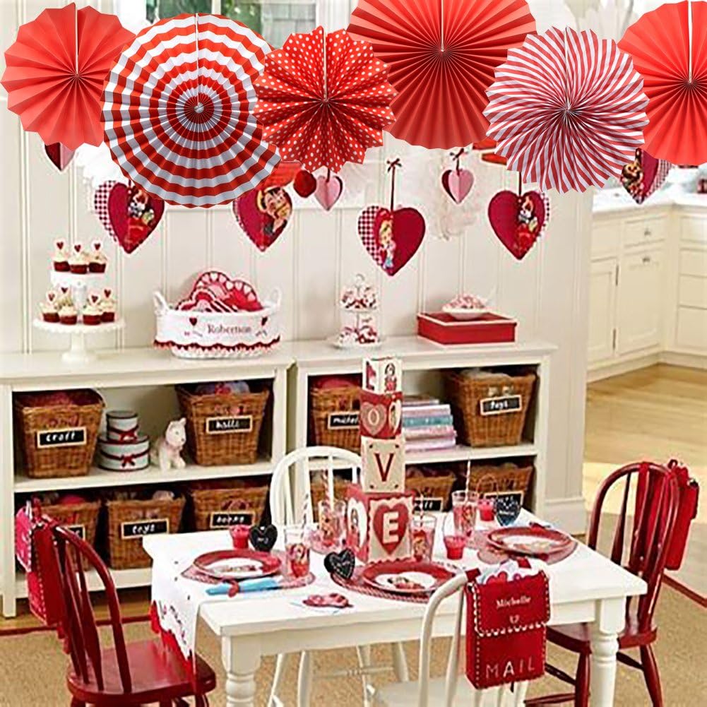 Party Hanging Paper Fans Set, Red Round Pattern Paper Garlands Decoration for Birthday Wedding Graduation Events Accessories, Set of 6