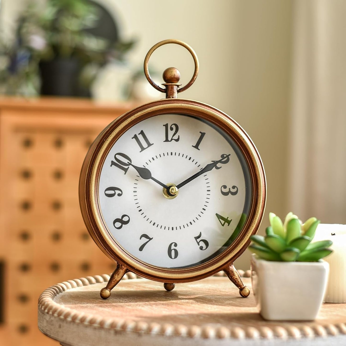 EMAX Home Vintage Small Table Clock on Stand,Desk and Shelf Clock Decorative Farmhouse Mantel Non-Ticking Clock Rustic Metal Frame with Antique Gold Finish 9.3 Inch…