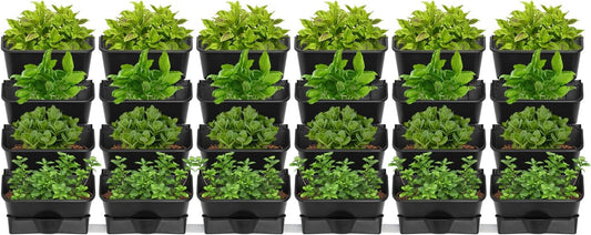 24Pack Vertical Wall Planter, 13 inch Wall Mounted Garden Planters, Stackable Wall Hanging Planter, Plastic Flower Pot with 4 Drainage Tray & 6.56FT Drainage Pipe for Indoor and Outdoor (Black)