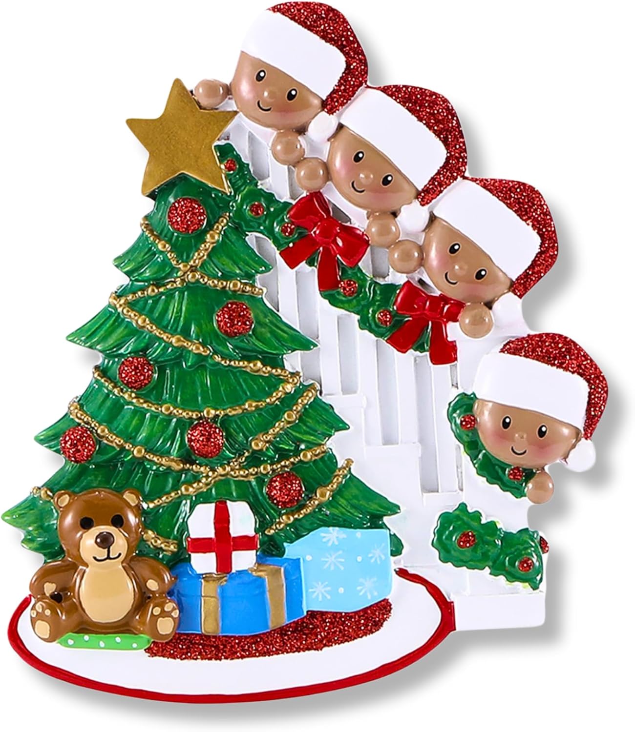 African American Peeking Family of 4 Ornament 2025 Personalized Family Christmas Ornaments 2025 Black Xmas Staircase Personalized Tree Ornaments for Grandchildren Siblings Grandkids of Four Ornament
