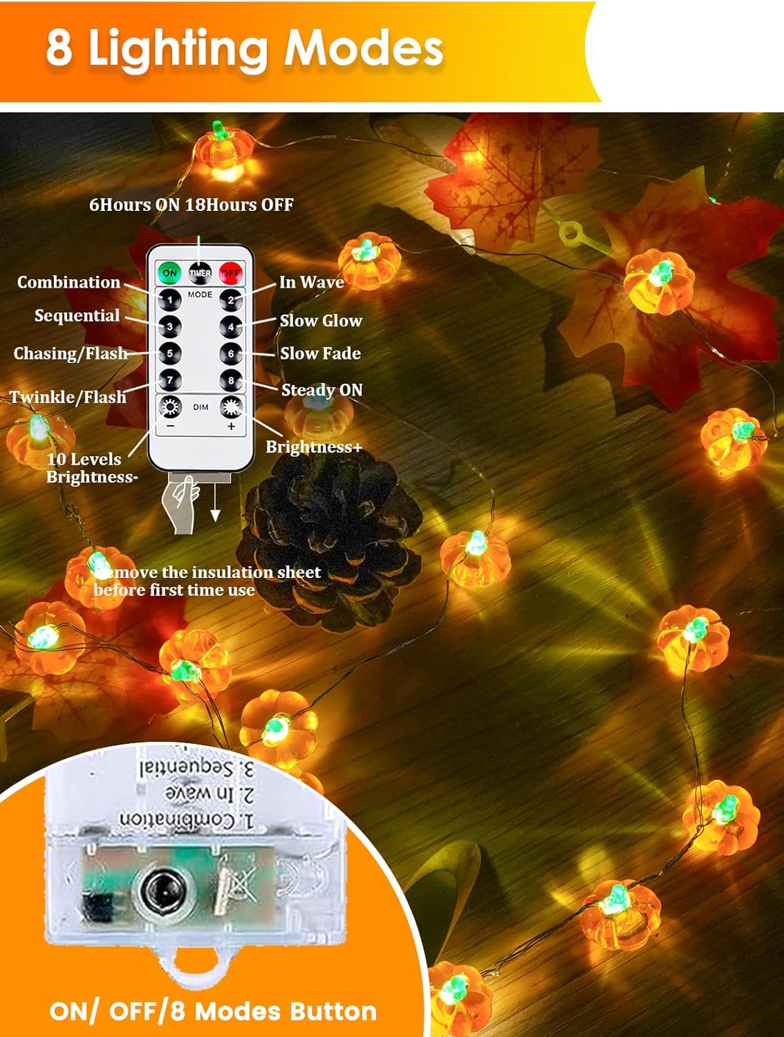 2 Pack 60LED Fall Decoration 3D Pumpkin String Lights Battery Operated, 20FT Fall Lights with Remote, Waterproof 8 Modes Fairy Lights for Autumn Harvest Thanksgiving Halloween Decor