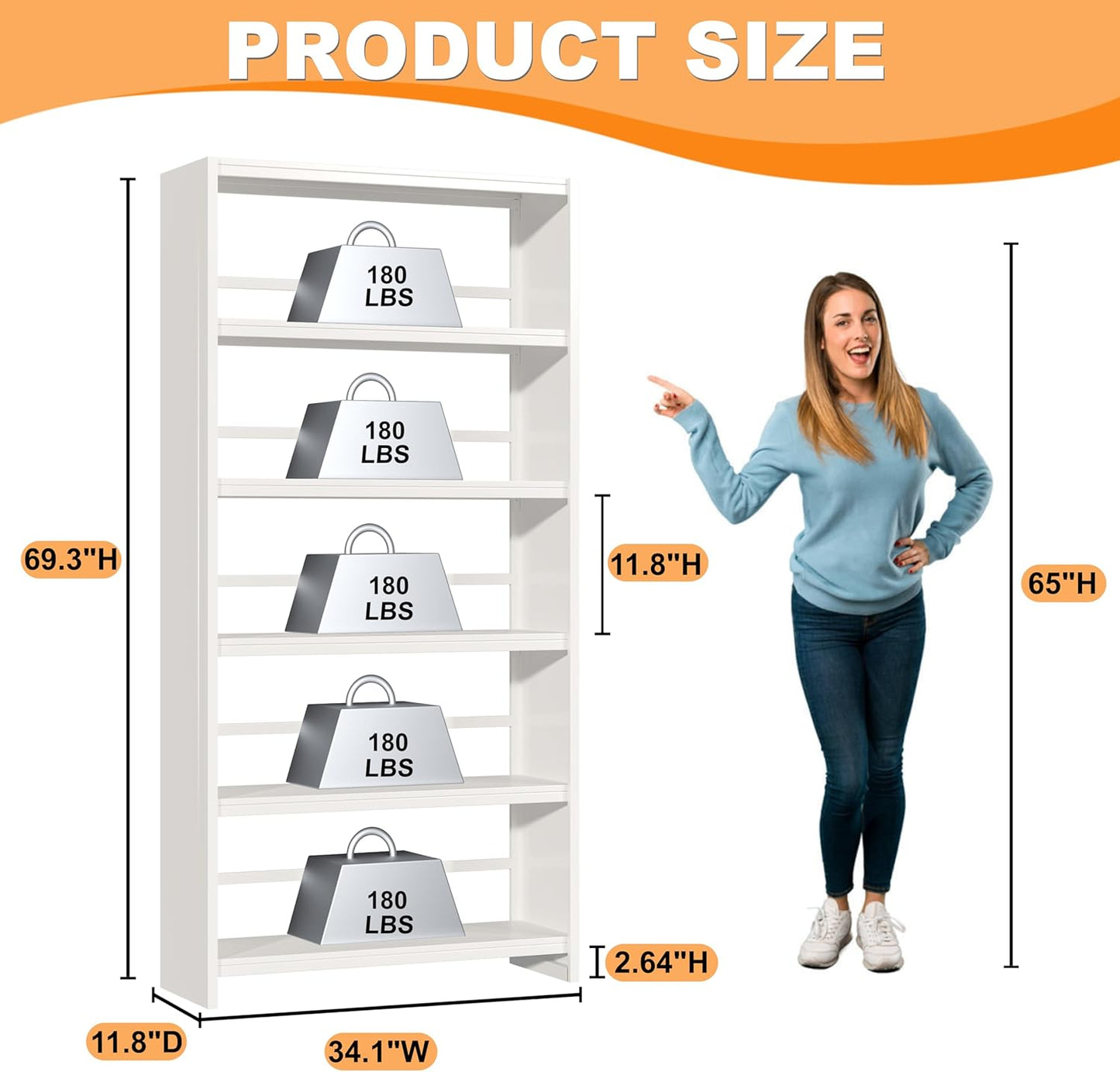 69.3" H Home Office Bookcase Shelf Storage,5 Tier Bookcase with Open Display Shelves,Industrial Wide Bookshelf with Metal Frame for Home Office, Living Room, Bed Room (34.1" W)