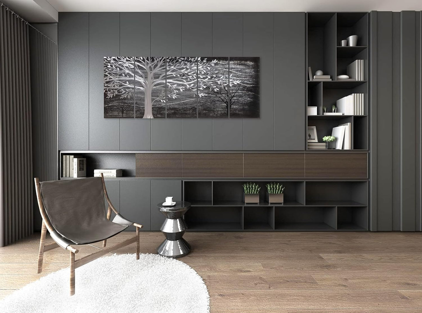 Yihui Arts Metal Tree Wall Decor Hand Grind On Aluminum Modern Abstract Nature Wall Art Contemporary Landscape Pictures for Living Room Bedroom Dinning