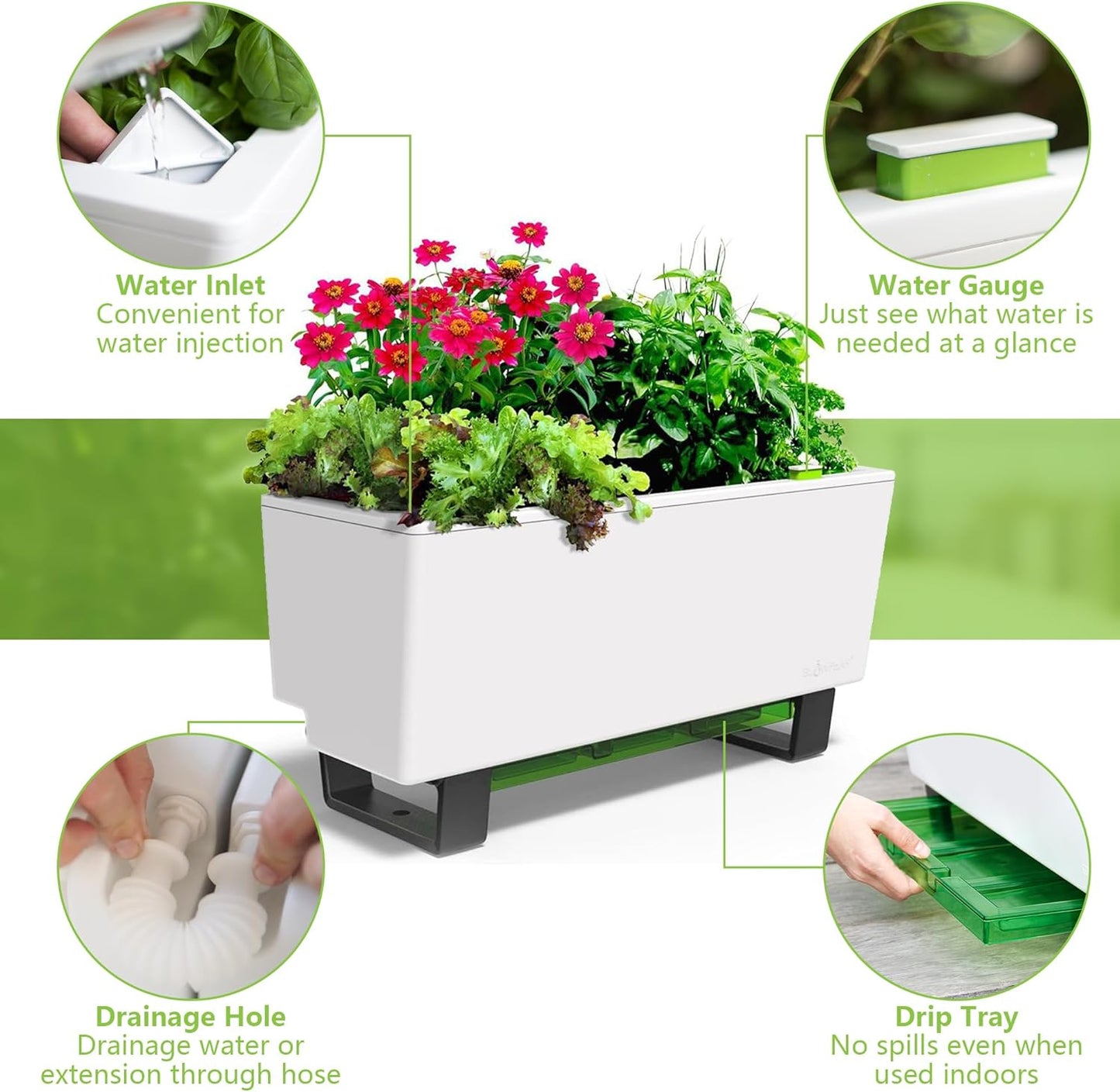 Glowpear Self-Watering Mini Bench Planter - 23.6" in Pot, Free Standing, UV Stable, Scalable, Indoor | Outdoor Pot with Water Gauge, for Home Kitchen Windowsill Gardening