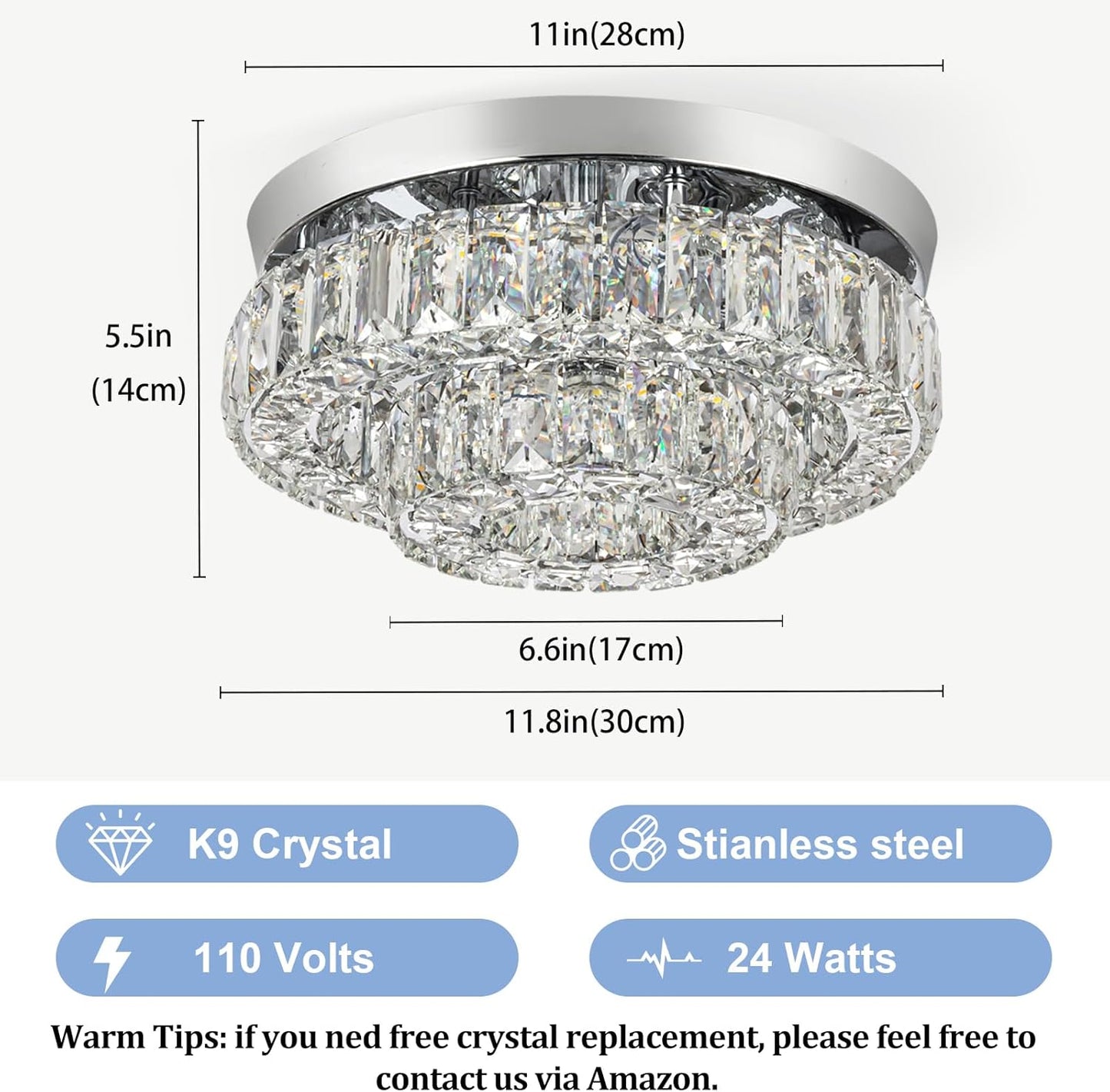 11.8" LED Chandelier 2-Layer Crystal Ceiling Light Fixture with Remote Control Flush Mount Chandelier Light for Hallway Bedroom Living Room Kitchen Foyer(dimmable)