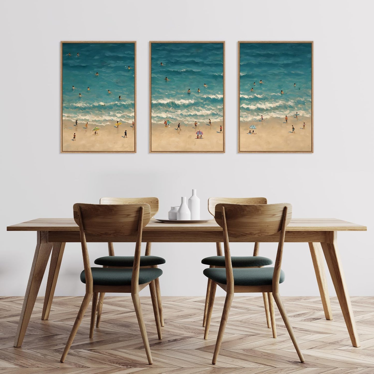 HLNIUC Summer Beach Canvas Wall Art,Modern Minimalist Coastal Landscape Wall Decor Set of 3(16”x24”) Blue Abstract Ocean Wall Painting, Summer Swimming in the Sea Art Print for Living Room,Bathroom