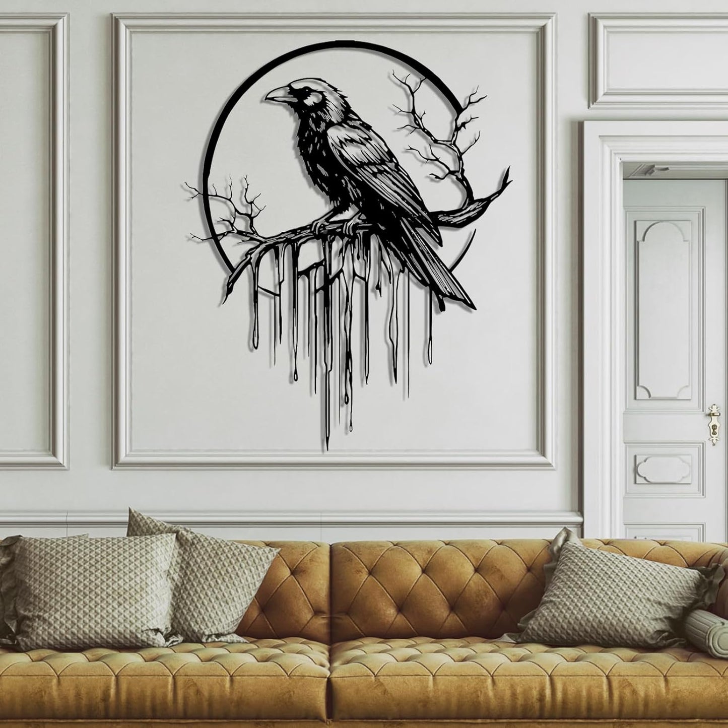 Crow Metal Wall Decor, Raven Wall Art, Large Gothic Raven Decor Hangings, Bird Wall Decor, Metal Tree Branch Decor, Ravens Sign, Raven Art for Living Room (Gold, 28"x22" |70x56cm, metal wall art)
