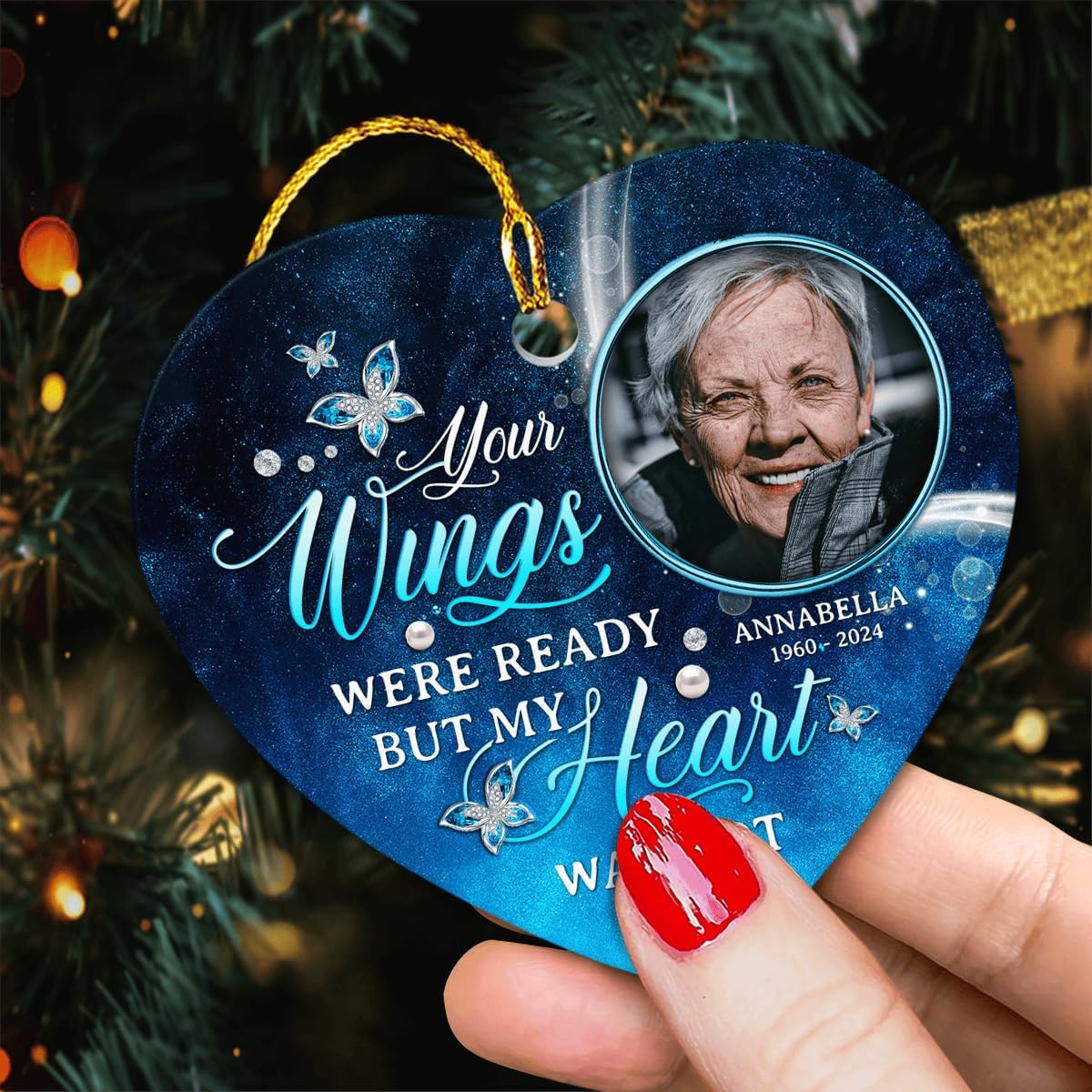 Personalized Memorial Ornaments with Photo Picture Your Wings were Ready But My Heart was Not Heart Shaped Ceramic Ornament Custom Pictures Heaven Keepsake Sympathy Gift Christmas Tree Décor