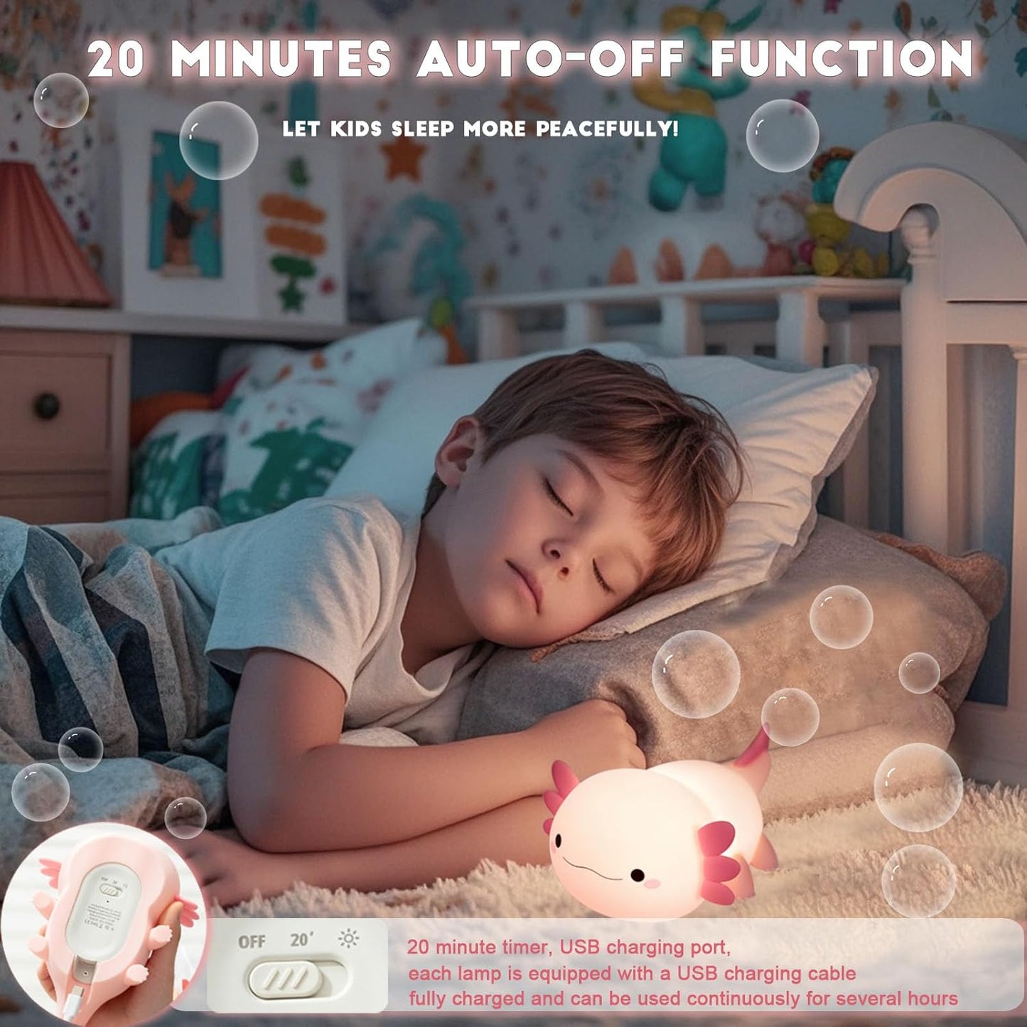 HAPPYBAG Axolotl Night Light,Cute Axolotl lamp Gifts for Kids,Dimmable Silicone Animal Nursery Night Light,Kawaii Rechargeable Bedside Touch Lamp,Room Decor Axolotl Light