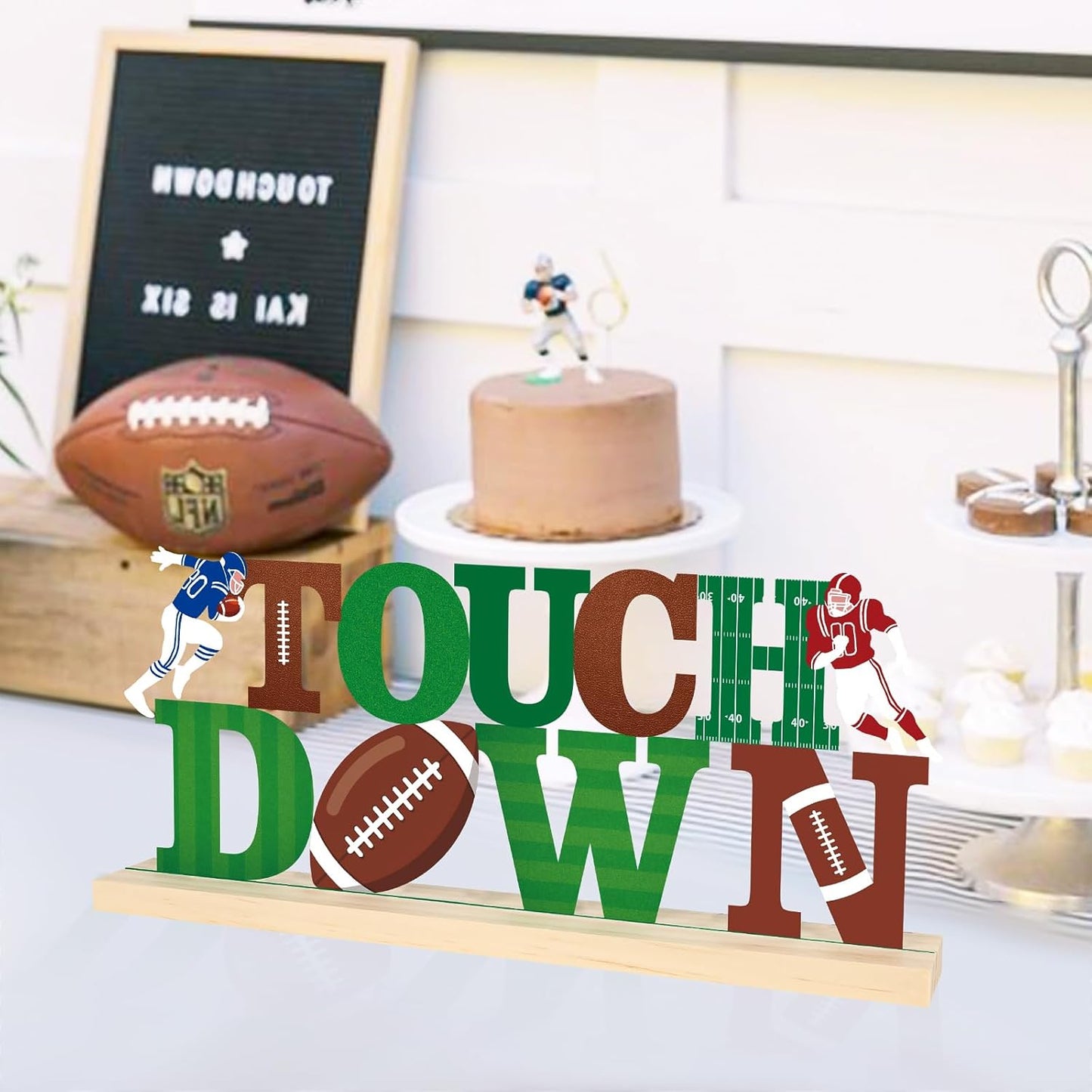 COCHIE Metal Football Touchdown Sign, Green Super Football Bowl Game Tailgate Party Decorations for Home, Office, Shelf, Mantel, Indoor, Touch Down Table Toppers Decor (Superbowl)