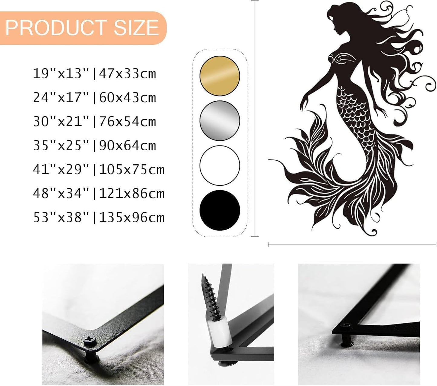 Veplsur Mermaid Metal Wall Art, Metal Mermaid Wall Decor, Marine Biology Wall Decor, Ocean Wall Art, Nautical Wall Hanging, Beach Hanging for Bathroom Bedroom (Black, 41"x29"|105x75cm)