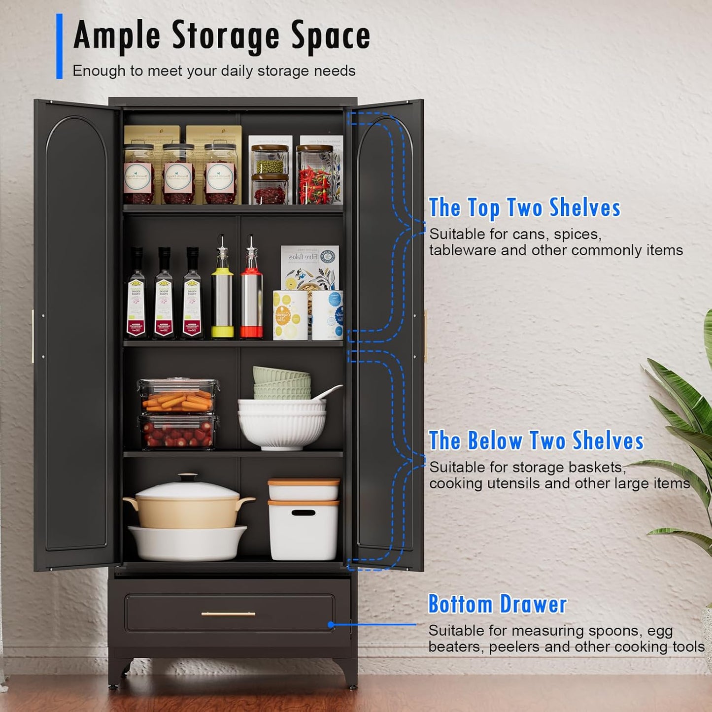 Black Pantry Kitchen Cabinet with Drawer, 75 Inch Metal Storage Cabinet with Doors and Shelves, Steel Food Pantries, Large Freestanding Cupboard for Living&Dining Room-Assemble Required