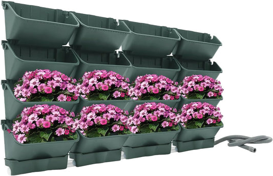 20Pack Vertical Wall Planter, 13 inch Wall Mounted Garden Planters, Stackable Wall Hanging Planter, Plastic Flower Pot with 4 Drainage Tray & 6.56FT Drainage Pipe for Indoor and Outdoor (Green)