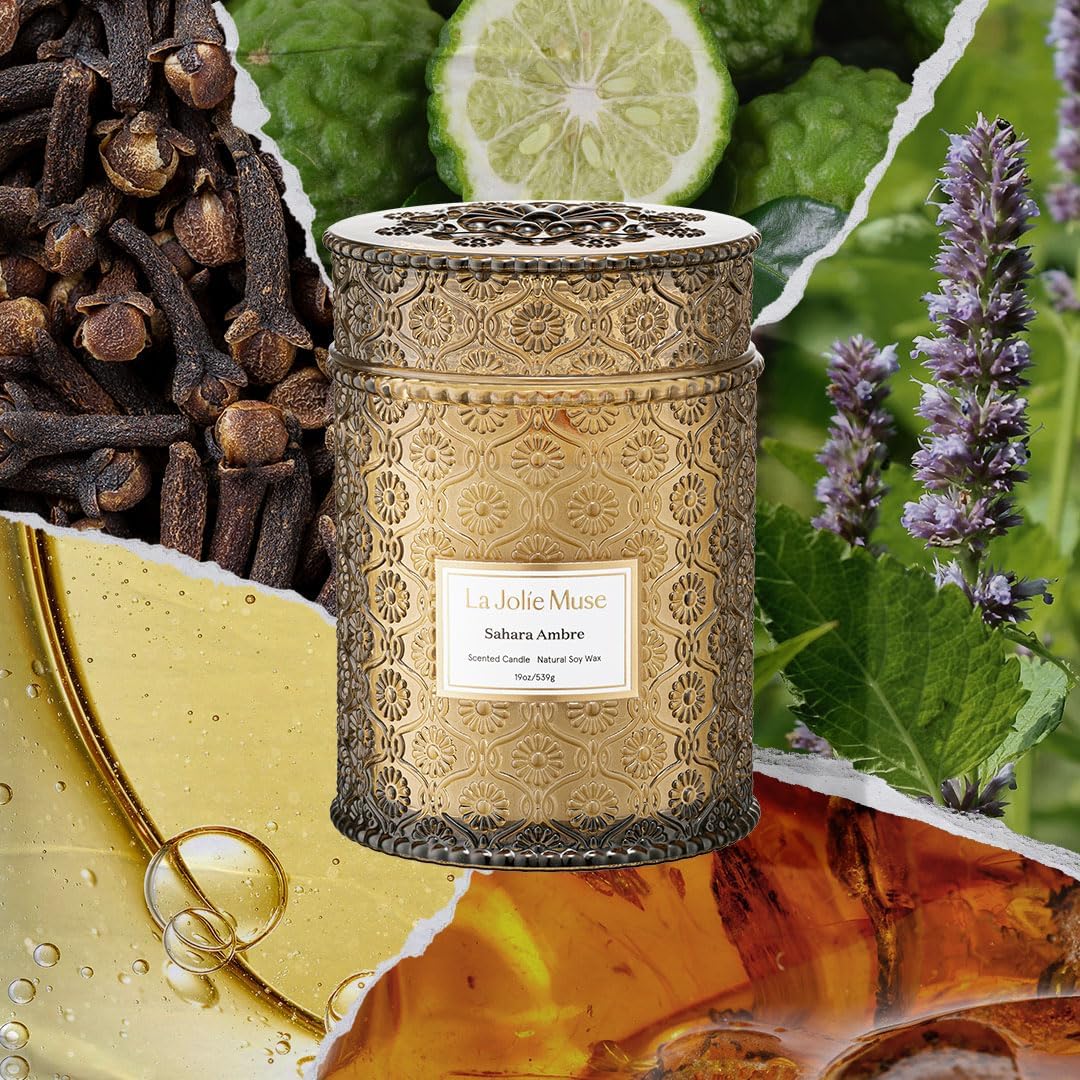 LA JOLIE MUSE Fall Candle | Sahara Amber Candle – Bergamot, Clove & Amber | 19 oz Wooden Wick | Natural Soy Wax | 90 Hours Clean Burn | Gift-Ready for Cozy Nights | Elevated Fall Décor