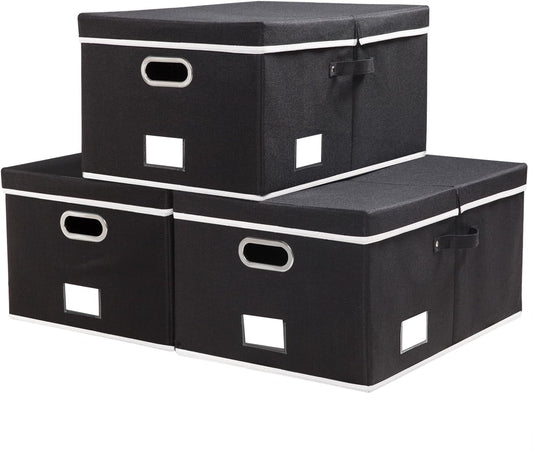 PRANDOM Storage Boxes with Lids [3-Pack] Fabric Collapsible Storage Bins Organizer Containers Baskets Cube with Cover for Home Bedroom Closet Office Nursery Black（23.4X15.9X11.5