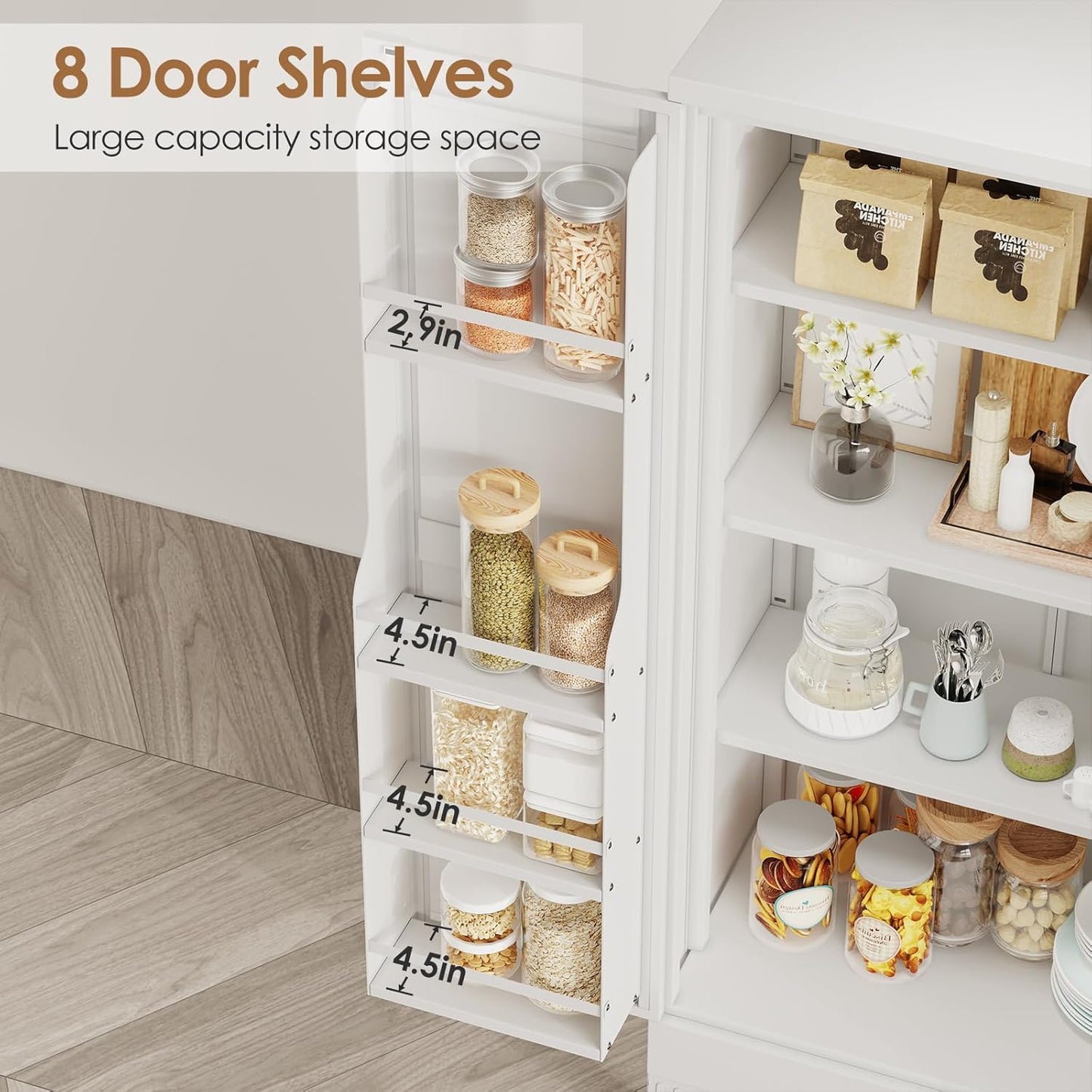 51" Kitchen Pantry Cabinet, Metal Storage Cabinet with 3 Adjustable Layer Shelves, 8 Door Shelves, Buffet Sideboard for Living Room, Kitchen, White