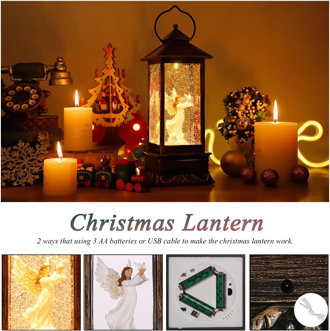 Christmas Decorations Snow Globe Lantern,Christmas Lantern with 8 Christmas Theme Music,Christmas Snow Globe Gifts Water Glittering Swirling Christmas Home Decoration（Dove Angel）