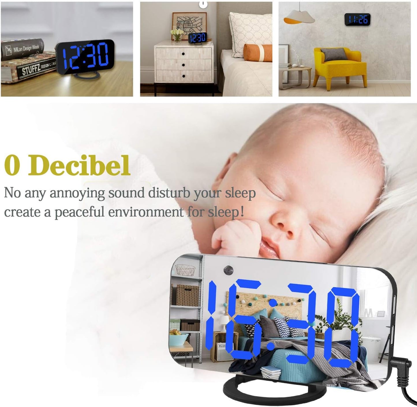 Digital Alarm Clock,Mirror Surface LED Electronic Clocks,with USB Charger,Snooze Model, Auto/Custom Brightness,for Office Table Bedroom Nightstand(Black-Blue)