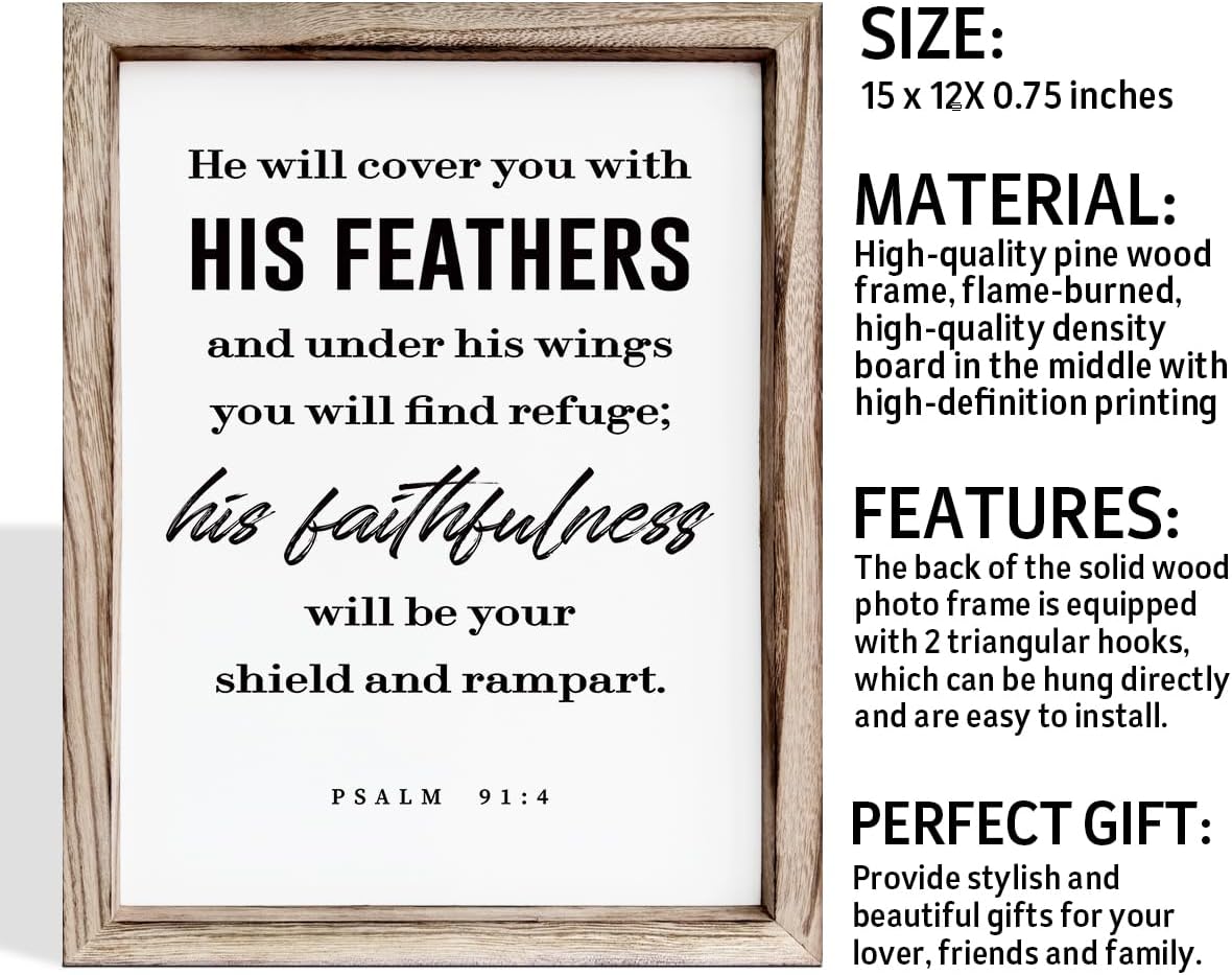 Christian Decor Signs, Framed Wall Plaque Sign 15 * 11.5 inches, Religious Home Decor, Inspirational Christian Gift for Him, He will Cover You with His Feathers Sign