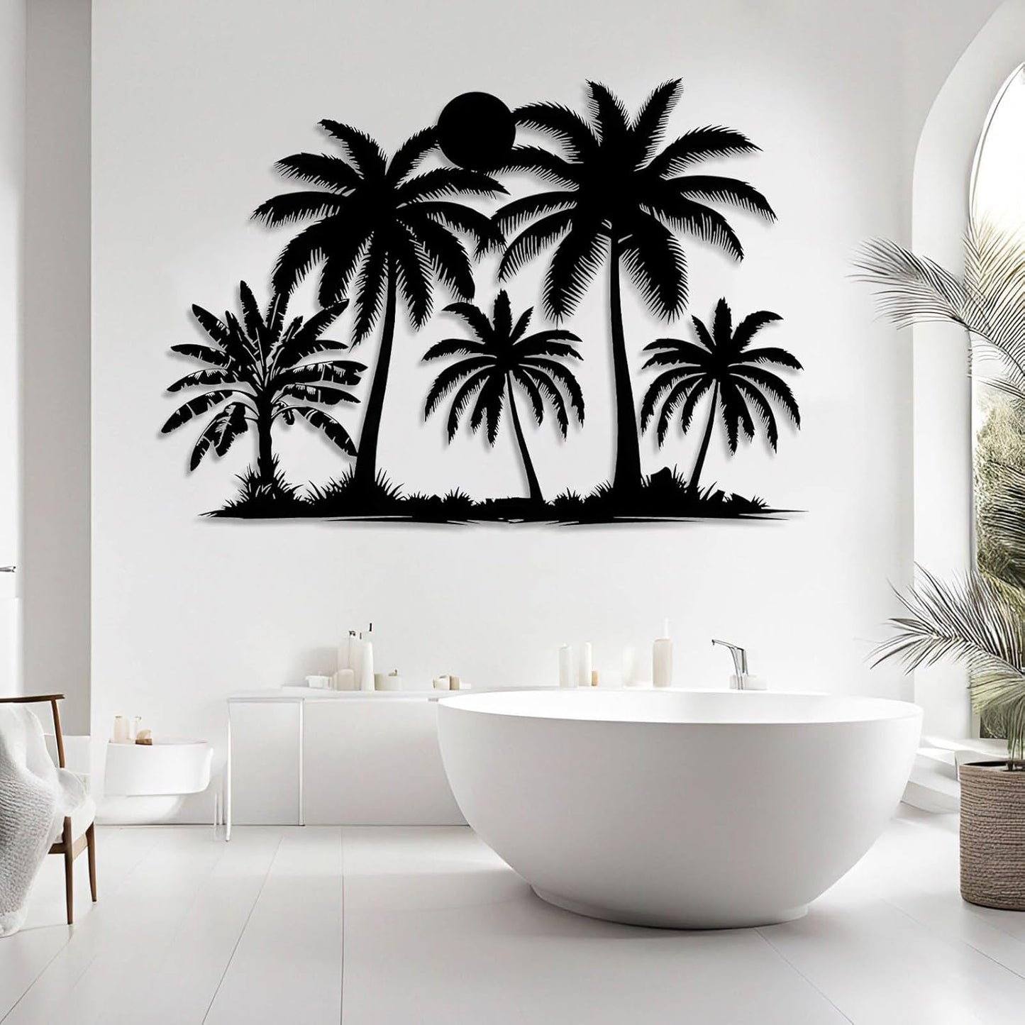Tuglona Metal Palm Tree with Sunset Wall Decor, Tropical Palm Tree Metal Wall Art, Tropical Wall Decor, Sun Wall Art, Beach Wall Decoration, Coastal Trees Wall Hanging (White, 30"x21"/76x53cm)