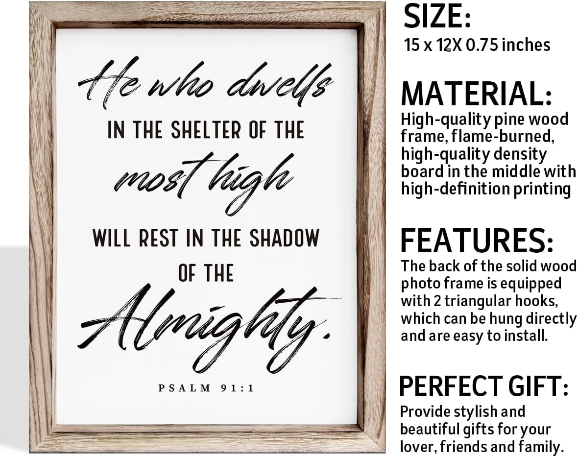 Christian Wooden Wall Sign, Inspirational Home Decor for Living Room, Wall Decor Art, Framed Wood Plaque Sign 15 * 11.5 inches, He Who Dwells in the Shelter of the Most High