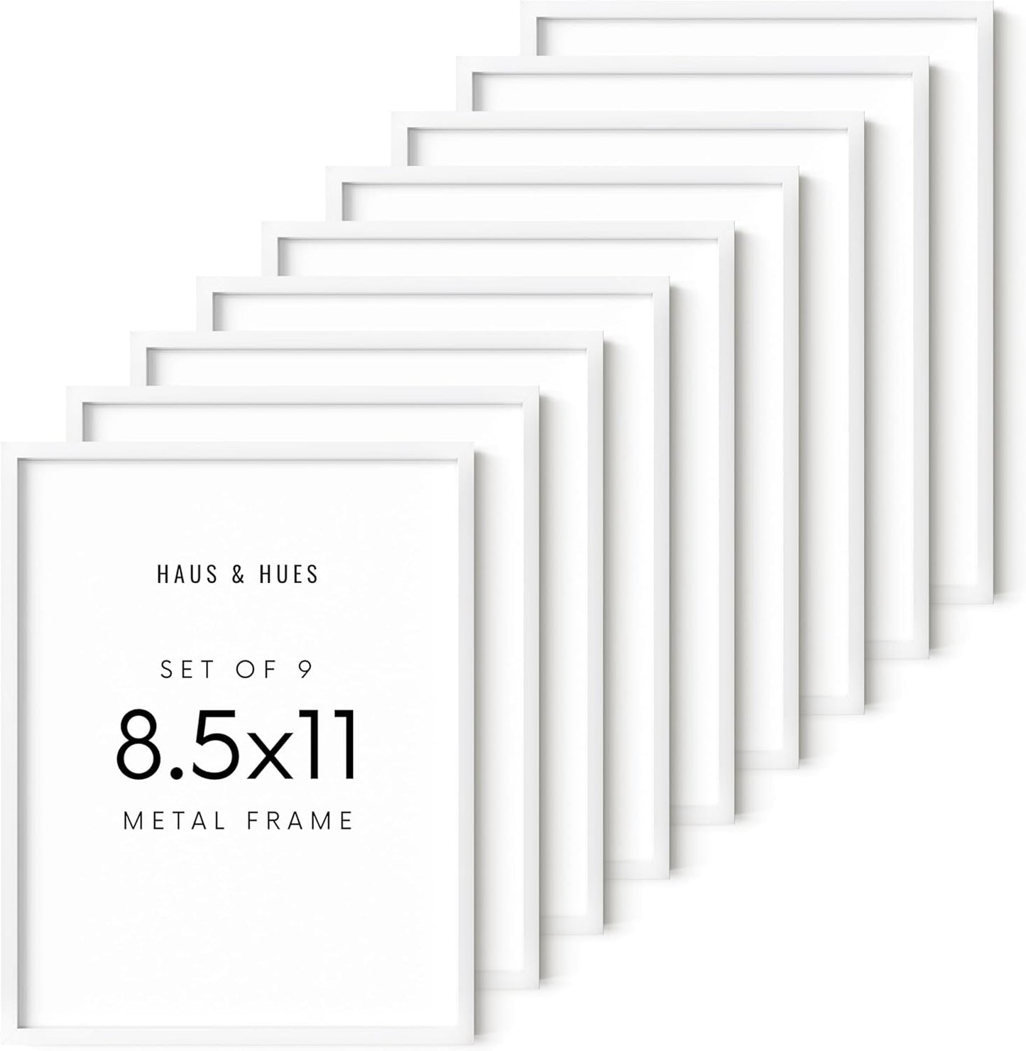 HAUS AND HUES 8.5x11 White Metal Picture Frames - Features Premium Aluminum, Vertical & Horizontal Hang, Shatterproof Plexiglass - Perfect for Home, Room, Office (8.5x11 in, White, Set of 9)