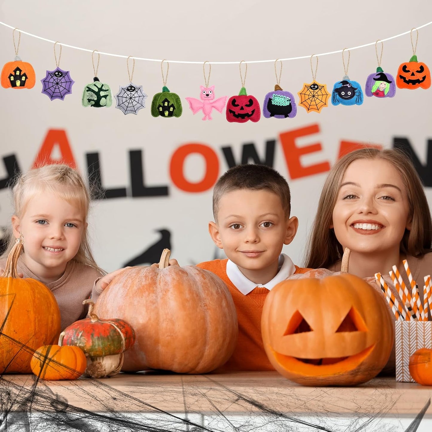 12 Pcs Halloween Felt Ornaments Spooky Pumpkin 3D Hanging Ornaments 3.15 Inch Spider Web Bat Tree Felt Decorations for Tree Halloween Party Decor