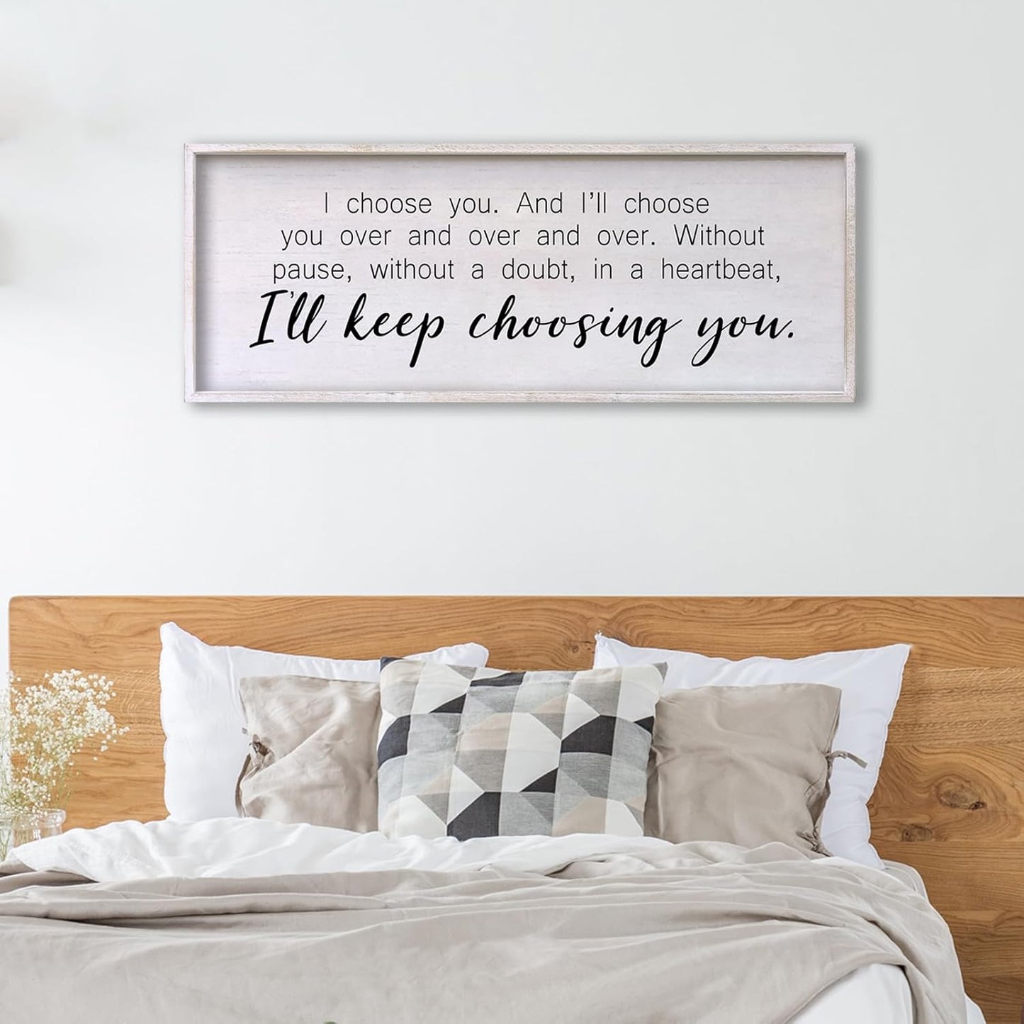 I Choose You Sign Wall Decor Art Above Bed 32X12 Inch I Love You Romantic Wood Framed for Master Bedroom Over Bed I'll Keep Choosing You Sign (White)