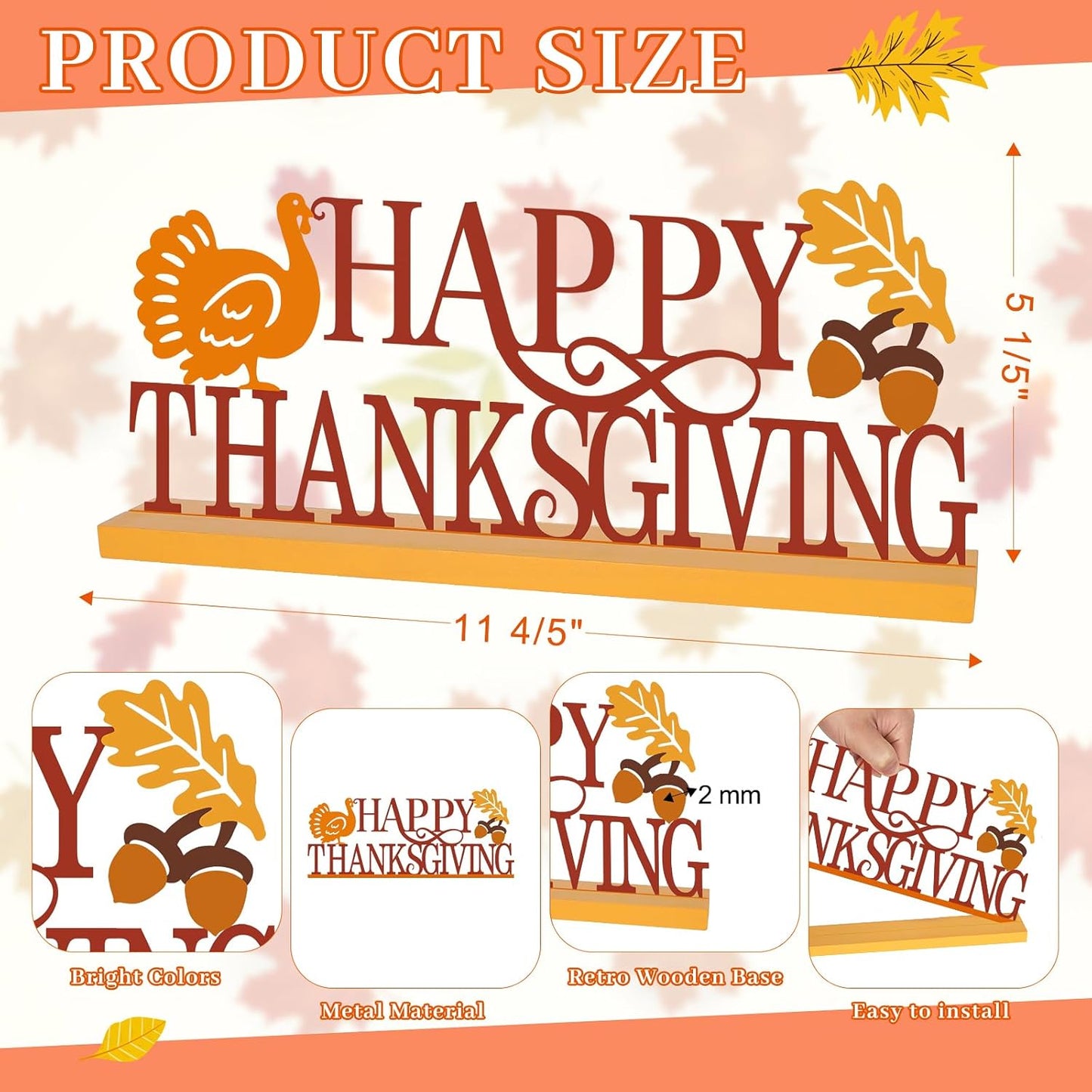 COCHIE Metal Happy Thanksgiving Sign, Fall Leaves Turkey Table Centerpieces Decorations for Home, Office, Shelf, Mantel, Indoor, Traditional Party Supplies Decor (Thanksgiving)