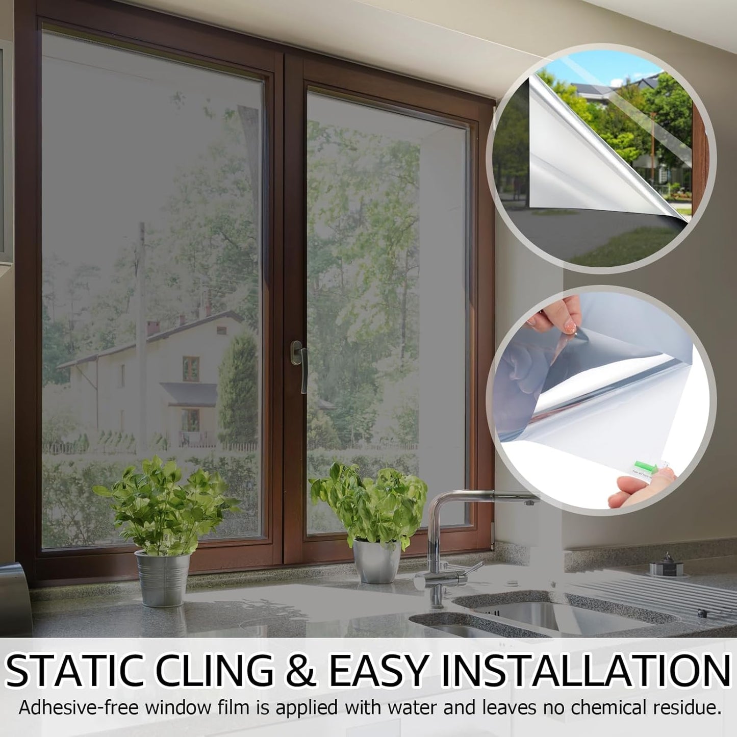 HIDBEA One Way Window Film, Daytime Privacy Sun Blocking Reflective Window Film No Glue Static Cling Heat Control Window Tinting Film for Home and Office, Gray Silver, 17.3 x 78.7 Inch