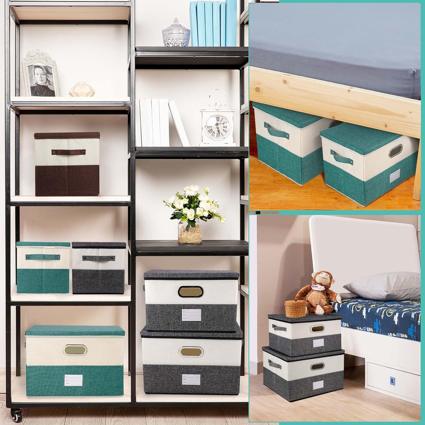 Large Linen Fabric Foldable Storage Bins with Removable Lid and Handles, Washable Storage Box Organizer Containers Baskets Cube with Cover for Bedroom,Office (Grey&Cream, Medium(2-Pack))