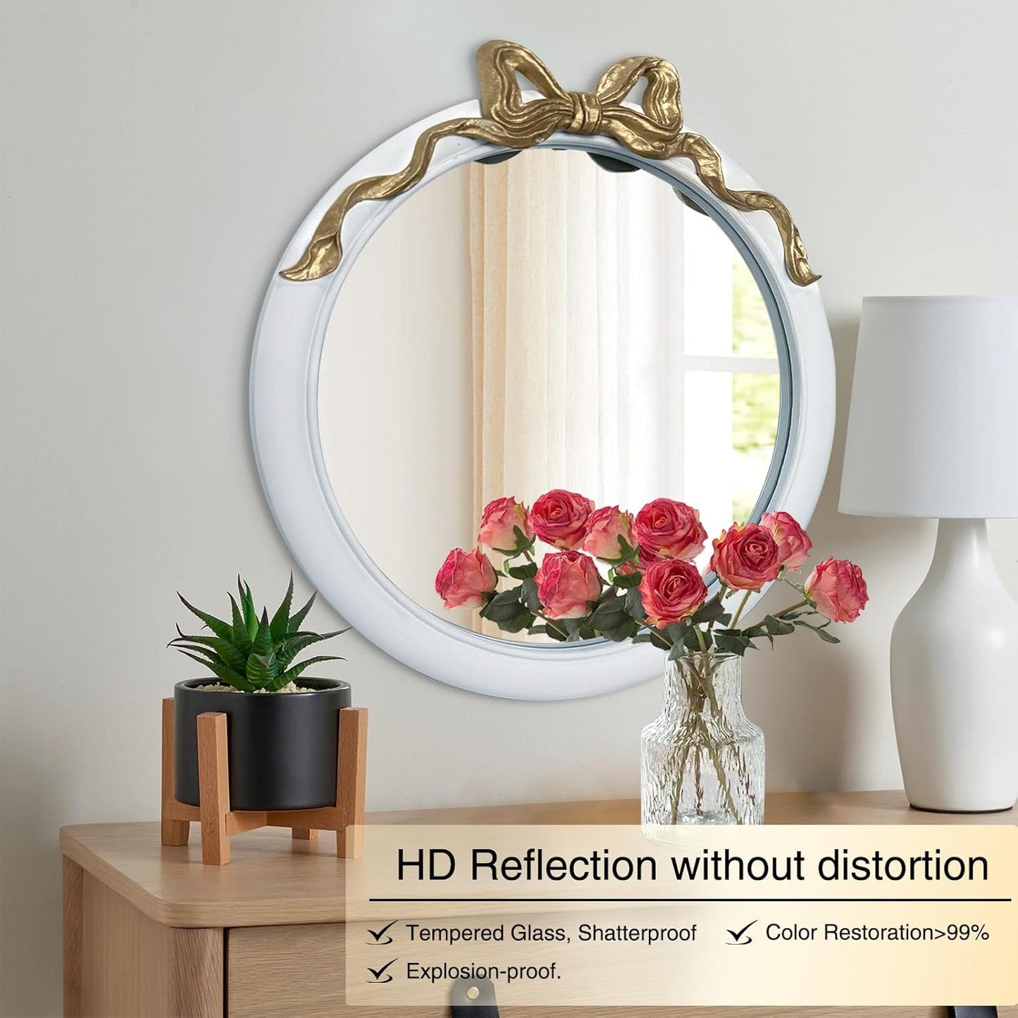 28 inch Round/Circle Wall Mirror, Vanity Bow Mirror for Wall Decor, Decorative Antique White&Gold Bathroom Mirrors, Traditional Art Home Decor for Dressing Table, Living Room, Bedroom