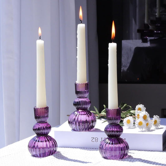 Woho Purple Candlestick Holders Set of 3 for Halloween Decorations, 4.3" H Ribbed Glass Taper Candle Holders Bulk for Wedding Table, Vintage Candle Sticks Holder Decor for Birthday Party/Home Decor