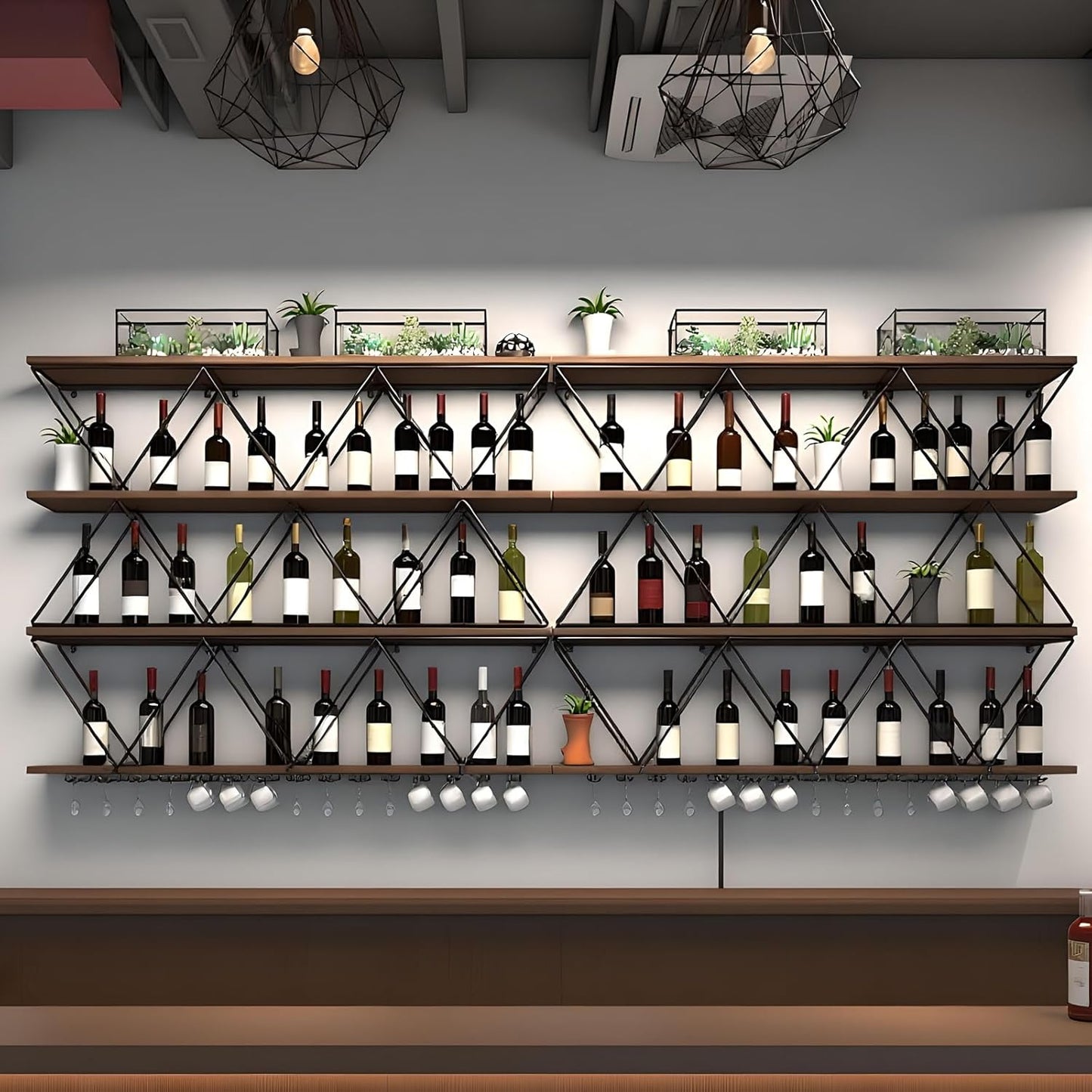 142in Wine Rack Wall Mount with Glass Holder, DIY Floating Wine Rack, Multi-Function Bar Wine Bottle Display Rack for Commercial Restaurants, Tea Rooms, Bars, Wine Cellars (black, 142in/360cm)