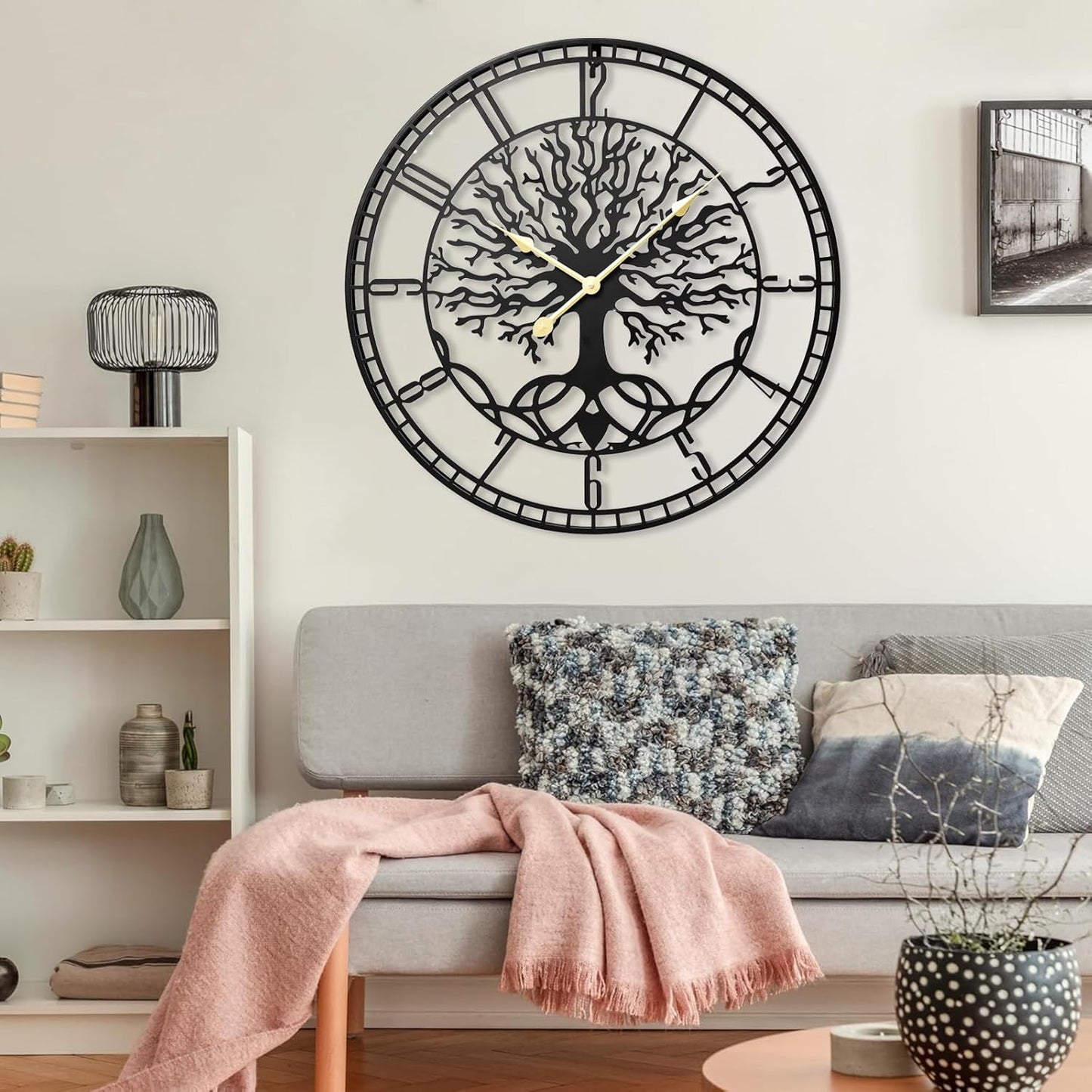 Tree of Life Wall Clock – Elegant 24-Inch Oversized Metal Farmhouse Decor for Living Room, Modern Battery Operated Wall Clock with Silent Operation