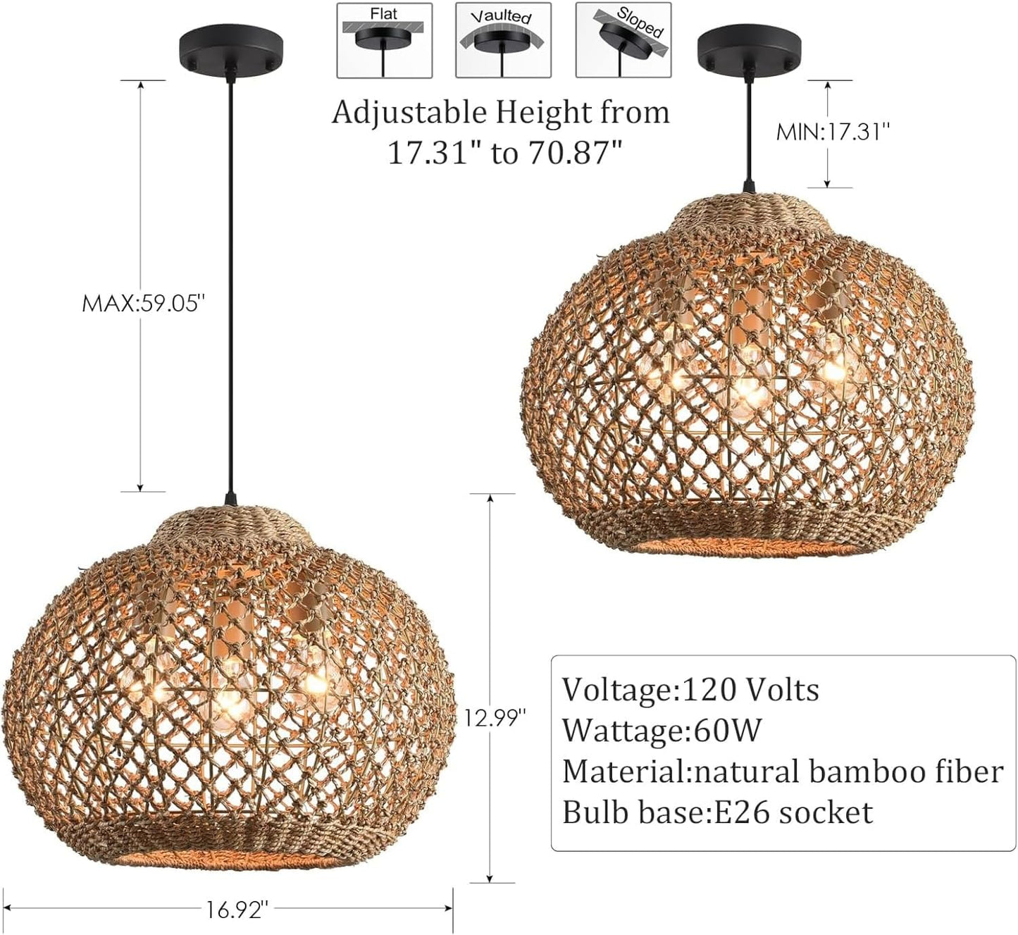 17" Rattan Pendant Light 3-Light Hand Woven Wicker Seagrass Hanging Light Boho Water Plants Rattan Chandelier for Dining Living Bedroom Kitchen Farmhouse