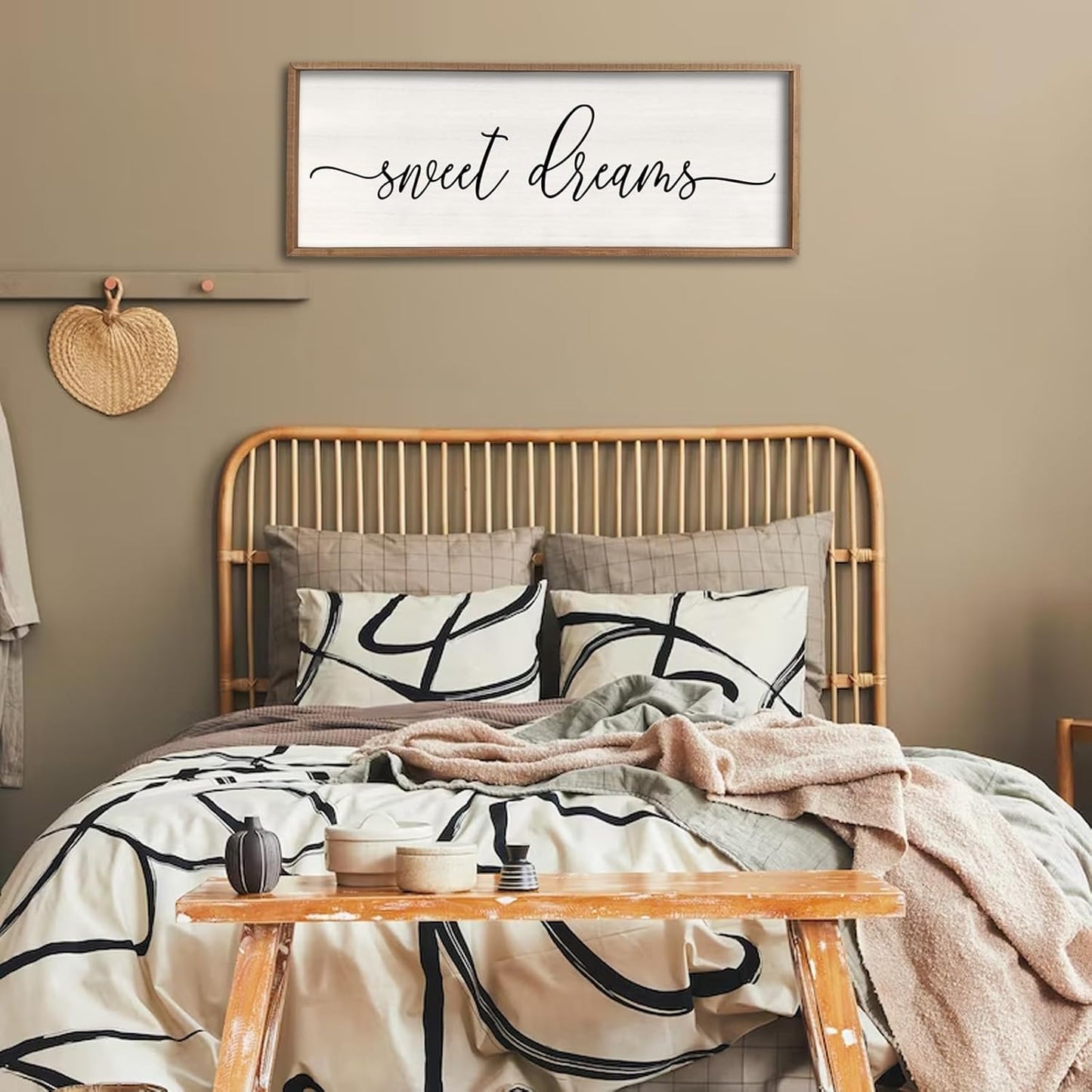 Sweet Dreams Wall Decor Above Bed 40''×15'' Master Bedroom Large Sweet Dreams Sign Farmhouse Wall Decor Guest Room Wood Rustic Framed Over Bed Wall Art Hanging Decoration (Wood White)