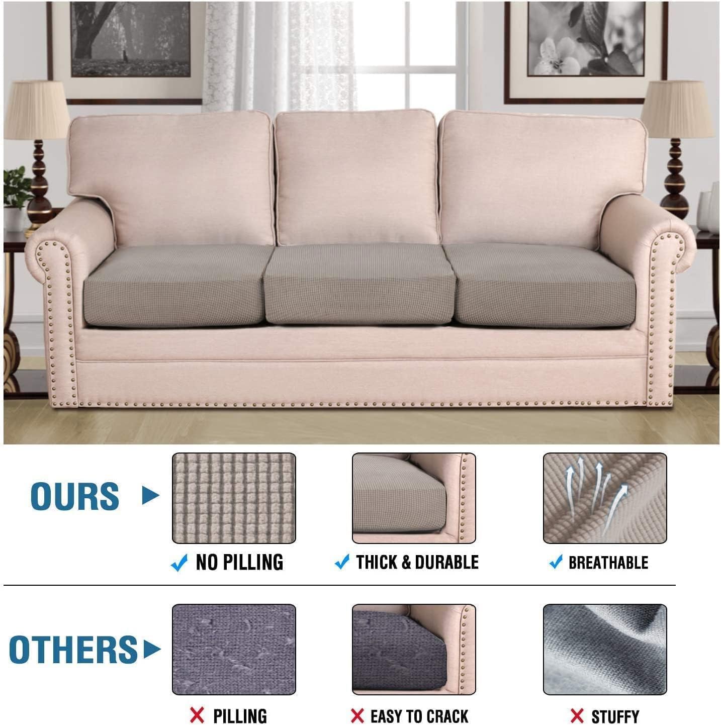 H.VERSAILTEX Super Stretch Individual Seat Cushion Covers - Sofa & Couch Cushion Slipcover Sets - Thick Jacquard Textured Twill Fabric (3 Piece XL Sofa Cushion Covers, Taupe)