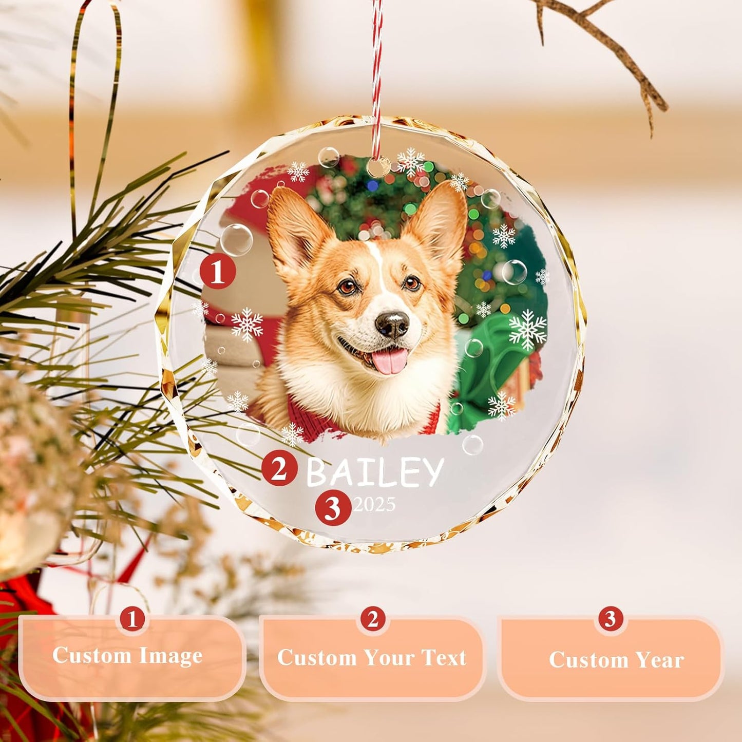 Bemaystar Personalized Dog Cat Ornaments with Photo Text - Dog Ornaments for Christmas Tree, Custom Pet Ornament, Puppy 1st Xmas Gifts, Personalized Gifts for Christmas for Pet Lovers