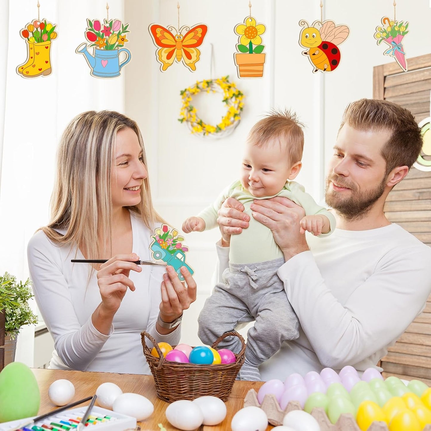 36 PCS Wooden Spring Ornaments to Paint, 12 Styles DIY Blank Unfinished Wood Flower Cutouts Butterfly Ornament for Crafts Hanging Decorations, Cute Bee Flower Shape Home Decorations Gifts