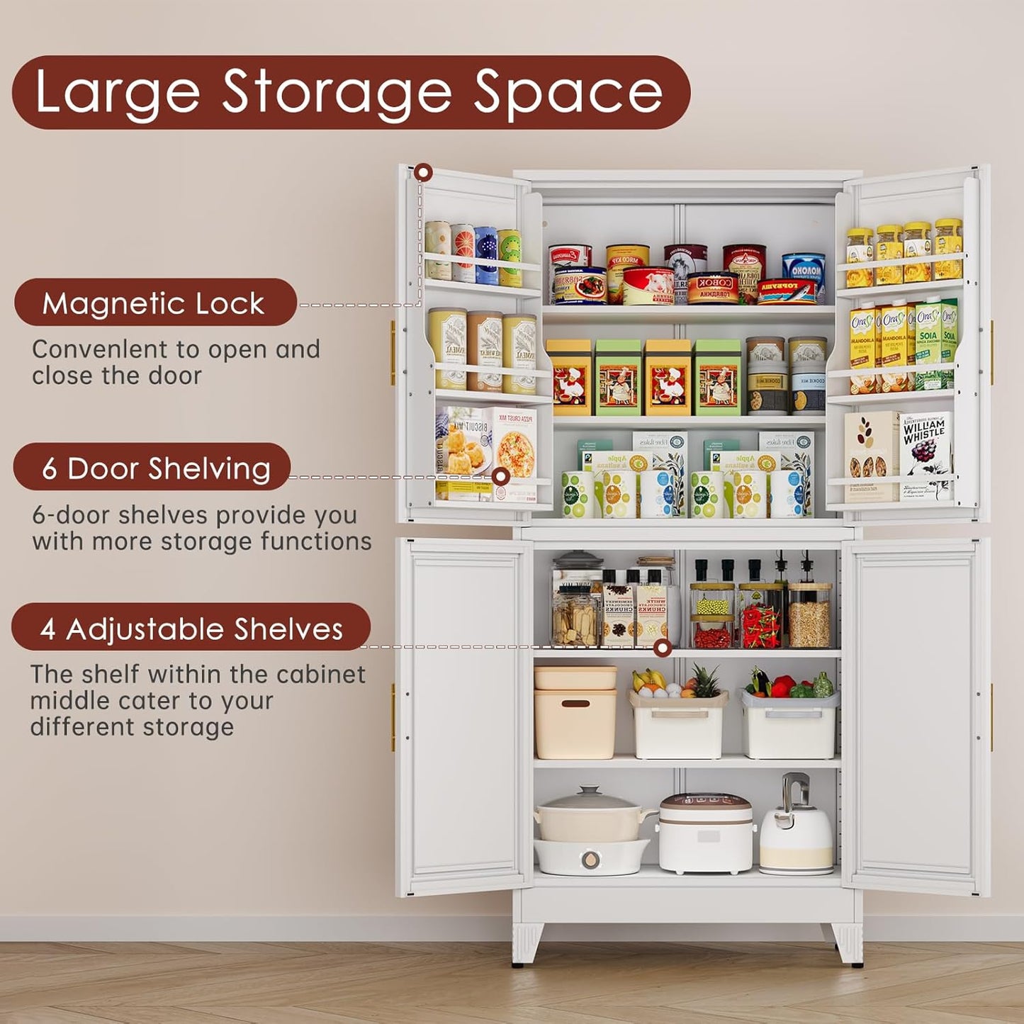 75" H Metal Storage Cabinet, Pantry with 6 Door Shelves and 4 Adjustable Shelves, Leveling Foot for Kitchen, Living Room and Dinning Room, White