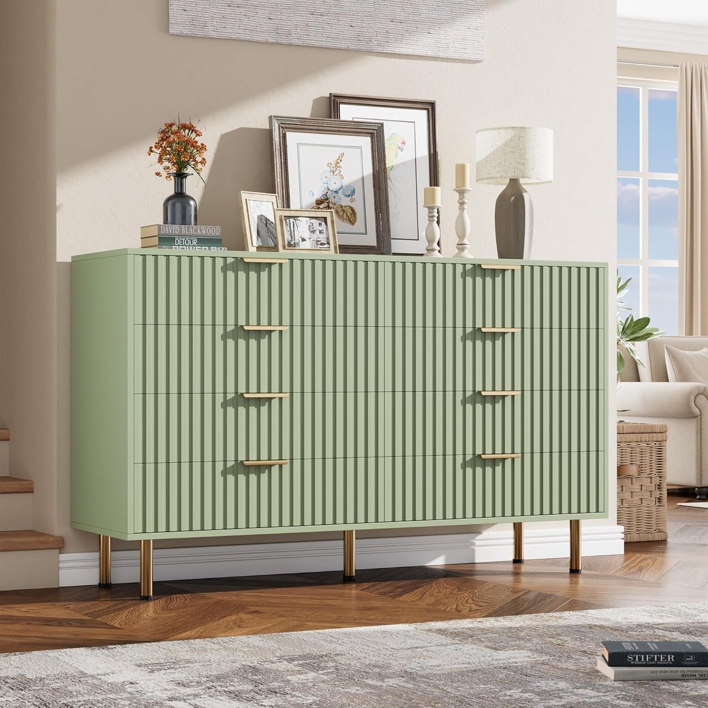 8 Drawer Dresser for Bedroom, Fluted 55" Wide Modern Chest of Drawers with Deep Drawers, Wooden Dresser Organizer for Living Room, Hallway, Kids Room, Green