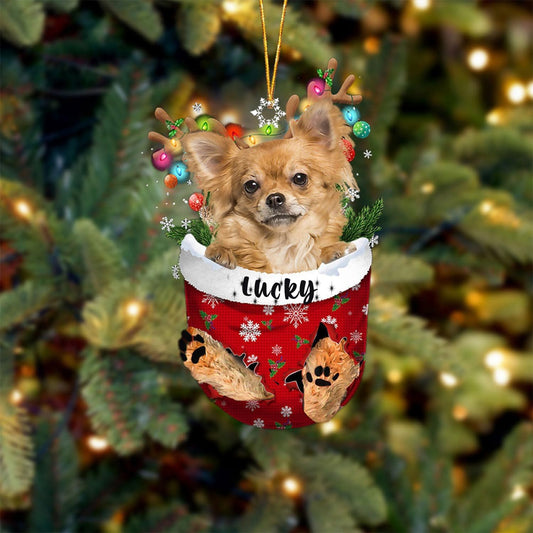 Long Haired Tan Chihuahua Dog Christmas Ornament, Long Haired Tan Chihuahua in Snow Pocket Christmas Tree Ornament, Dog Lovers Gift Idea Xmas Decor, Christmas Ornament Gift for Dog Lovers