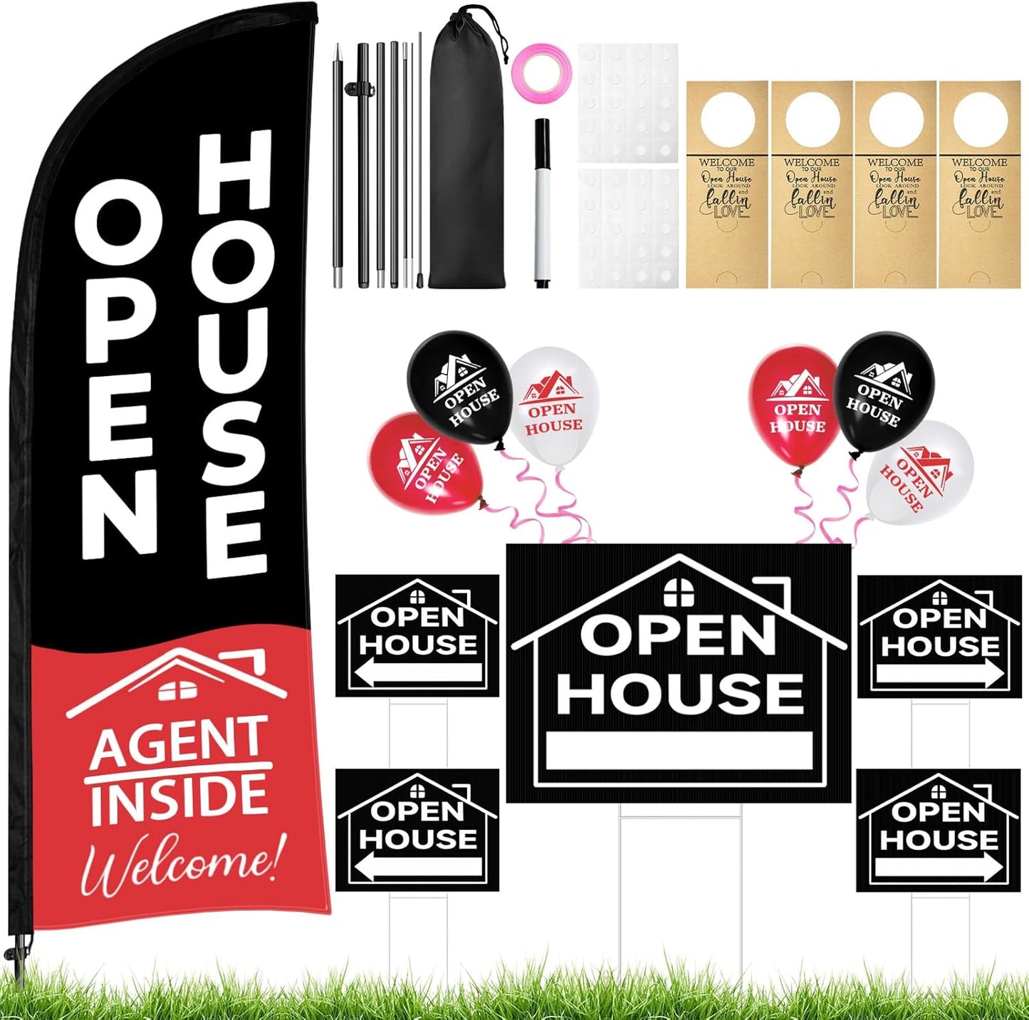 44 Pcs Open House Signs for Real Estate, Double Sided Open House Flag Kit, 7.6 x 5.4 Ft Black Banner Flag Poles Set for Outside, Directional Arrows Sign Stakes Balloons for Open House Supplies