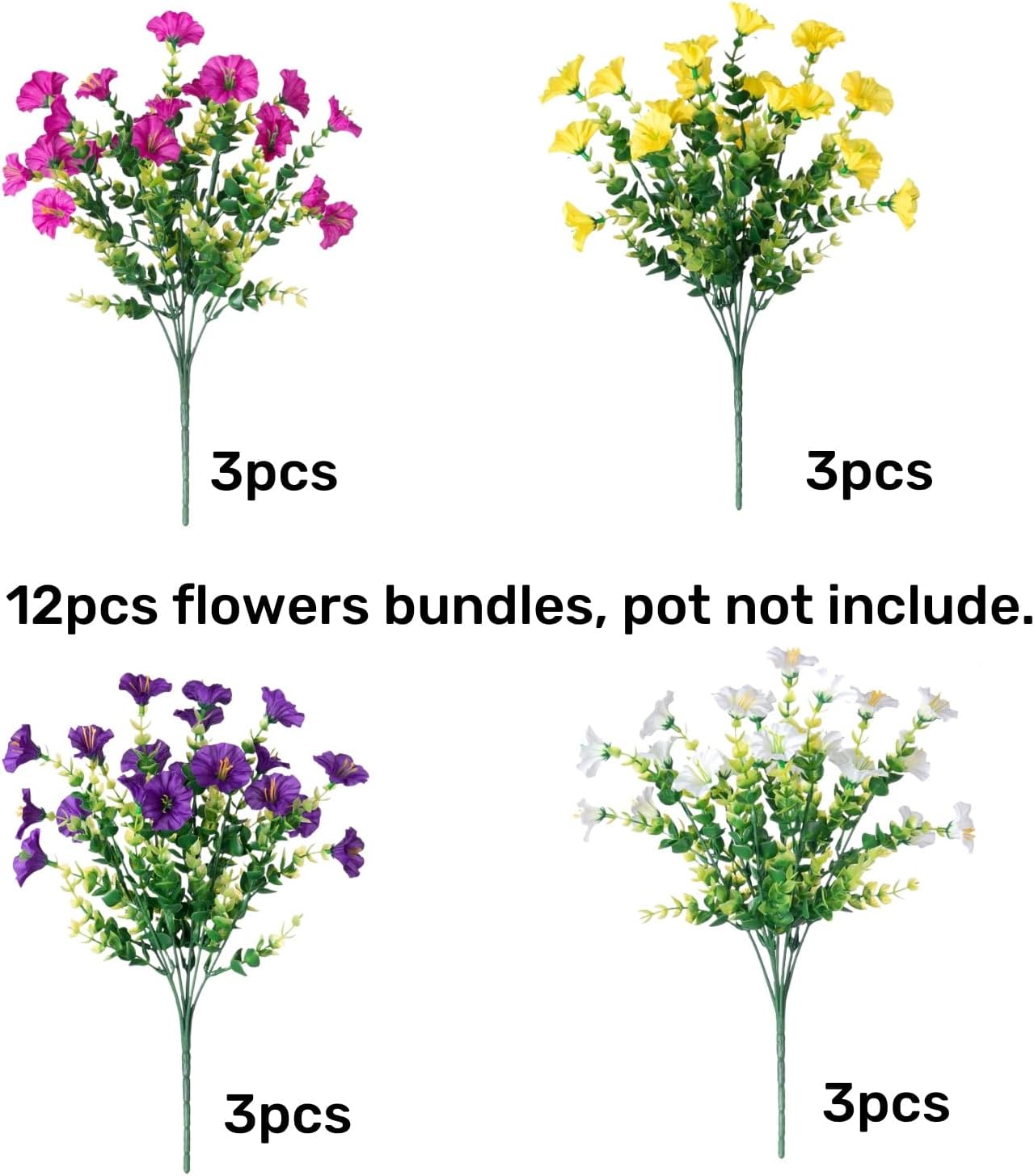 Artificial Flowers for Outdoors Fake Plants Outside Decoration, 12 Bundles Silk Colorful Morning Glory with Eucalyptus UV Resistant Realistic Faux Flowers for Planter Front Door Garden Yard