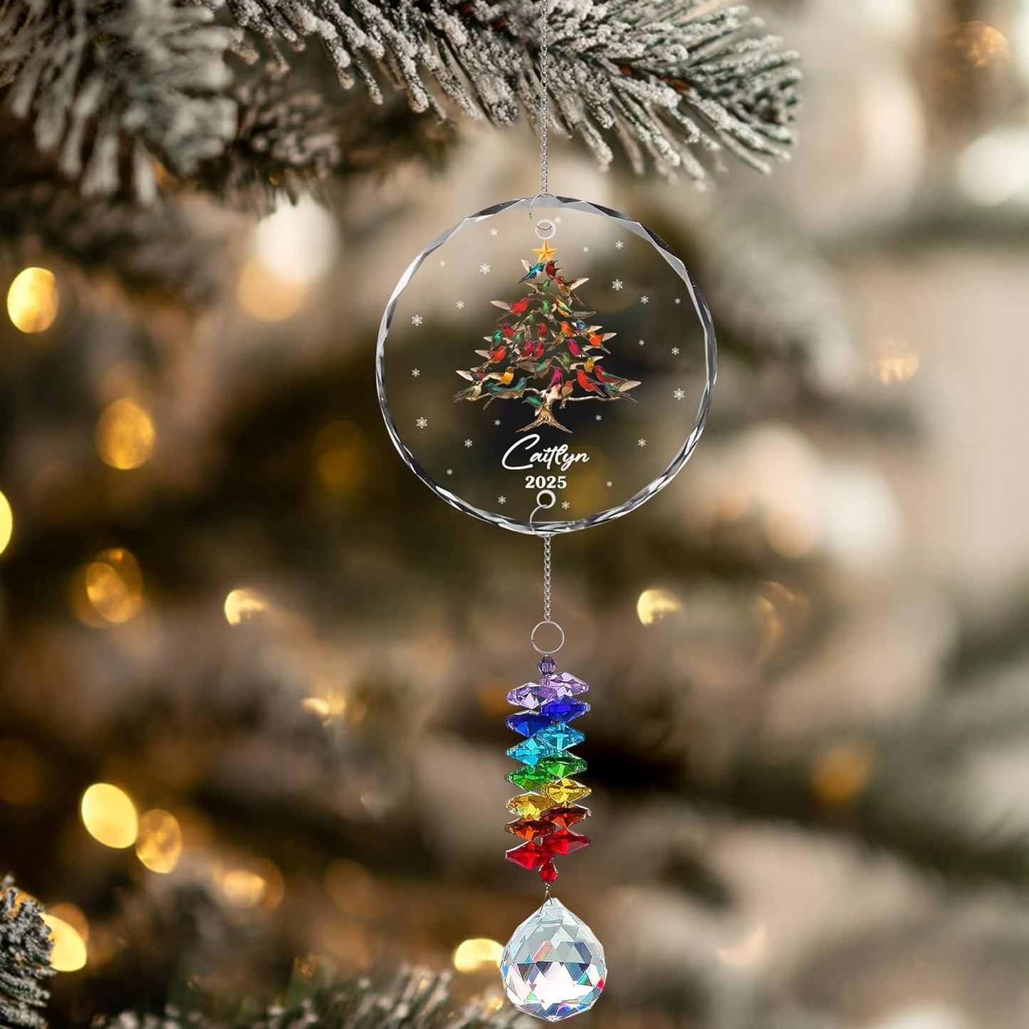 Personalized Christmas Ornament – Custom Holiday Tree Design with Birds – Custom Name 2025 – Glass Christmas Tree Ornament with Suncatcher