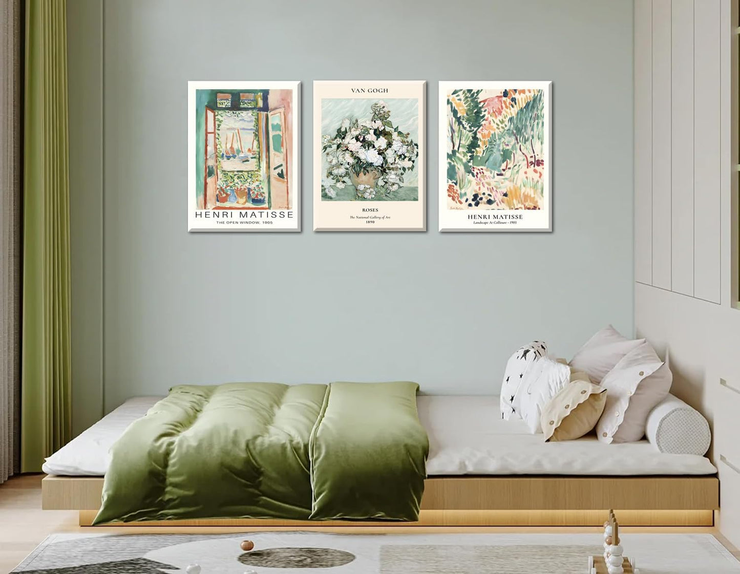 Framed Sage Green Matisse Wall Art Set of 3 Vintage Vin Gogh Flower Market Posters Retro Open Window Canvas Prints Abstract Aesthetic Artwork Painting Picture Decor for Living Room Bedroom 16x24in